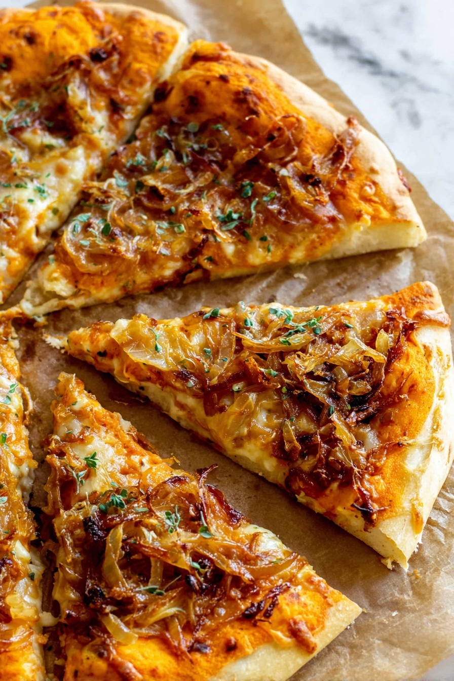 Pumpkin and Gouda Pizza with Caramelized Onions, Fall pumpkin pizza recipes, savory pumpkin pizza, Gouda cheese pizza recipes, cozy fall pizza ideas - The image shows four slices of pizza on brown parchment paper over a white marbled surface. The pizza has a thick, light golden crust. The first layer is a bright orange sauce spread unevenly on the dough, topped by a layer of melted cheese with golden brown spots. On top of the cheese, there is a generous amount of caramelized onions that are light golden and slightly charred in places, scattered across the slices. Small green herb bits are sprinkled over the pizza, adding a fresh touch. The close-up shot highlights the textures and colors of the toppings clearly. Photo taken with an iphone --ar 2:3 --v 7