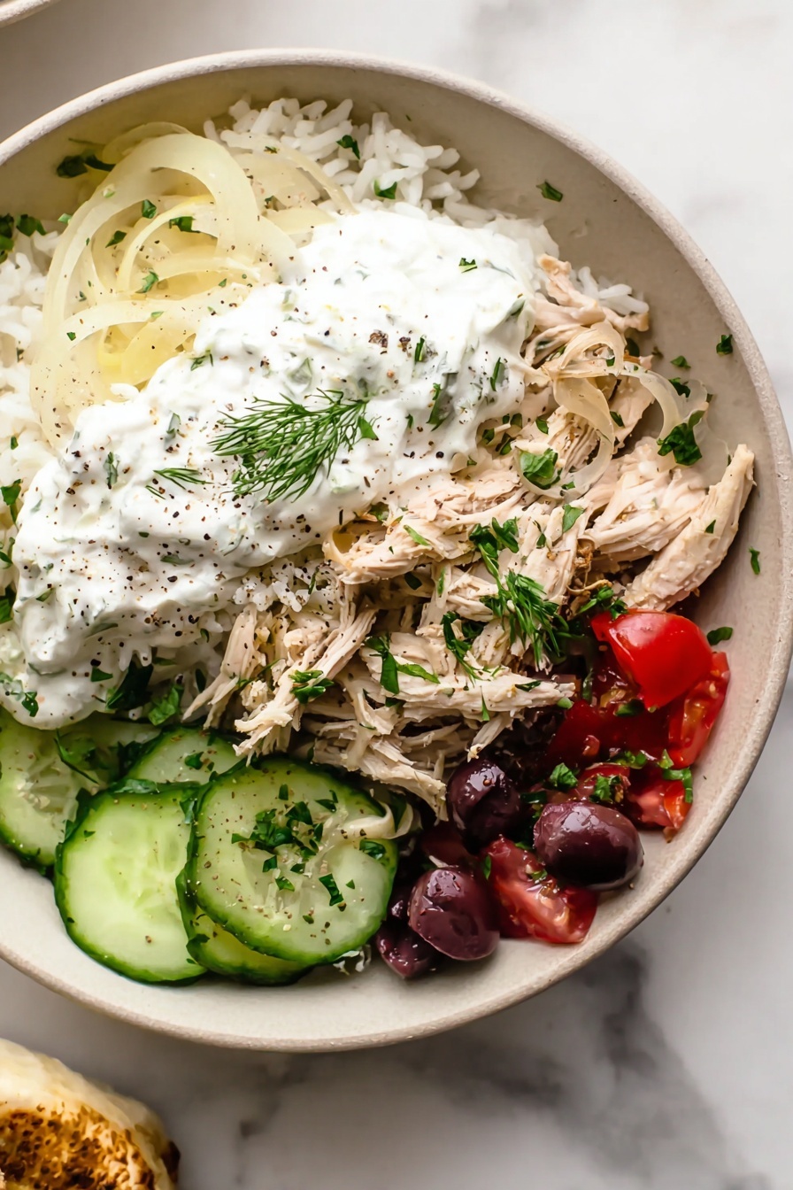 Slow Cooker Greek Chicken, Greek Chicken Dinner, Mediterranean Chicken Recipe, Easy Slow Cooker Chicken, Juicy Greek Chicken - The dish is served in a white bowl placed on a white marbled surface. The base layer is fluffy white rice, slightly visible under other ingredients. On one side, there are shredded pieces of light brown chicken mixed with translucent sautéed onions. Next to the chicken is a dollop of white creamy sauce with green dill on top. Thin cucumber slices with dark purple olives and small red tomato pieces fill the next section, adding fresh color. The whole bowl is sprinkled with finely chopped green herbs and a little black pepper. Photo taken with an iphone --ar 2:3 --v 7