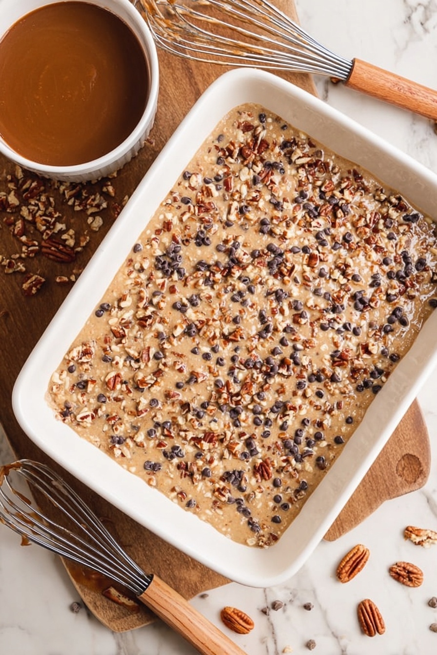 German Chocolate Poke Cake, chocolate poke cake recipe, coconut pecan cake, moist chocolate cake with fudge, easy German chocolate dessert - A white baking dish filled with a light brown batter, spread evenly, and topped with a mix of small chopped nuts, dark chocolate chips, and seeds, creating a textured and colorful top layer. To the left of the dish is a white bowl with a thick brown sauce sticking to the sides, and below on the wooden surface is a whisk with a wooden handle and a few scattered nuts around it. The background is a white marbled texture. Photo taken with an iphone --ar 2:3 --v 7