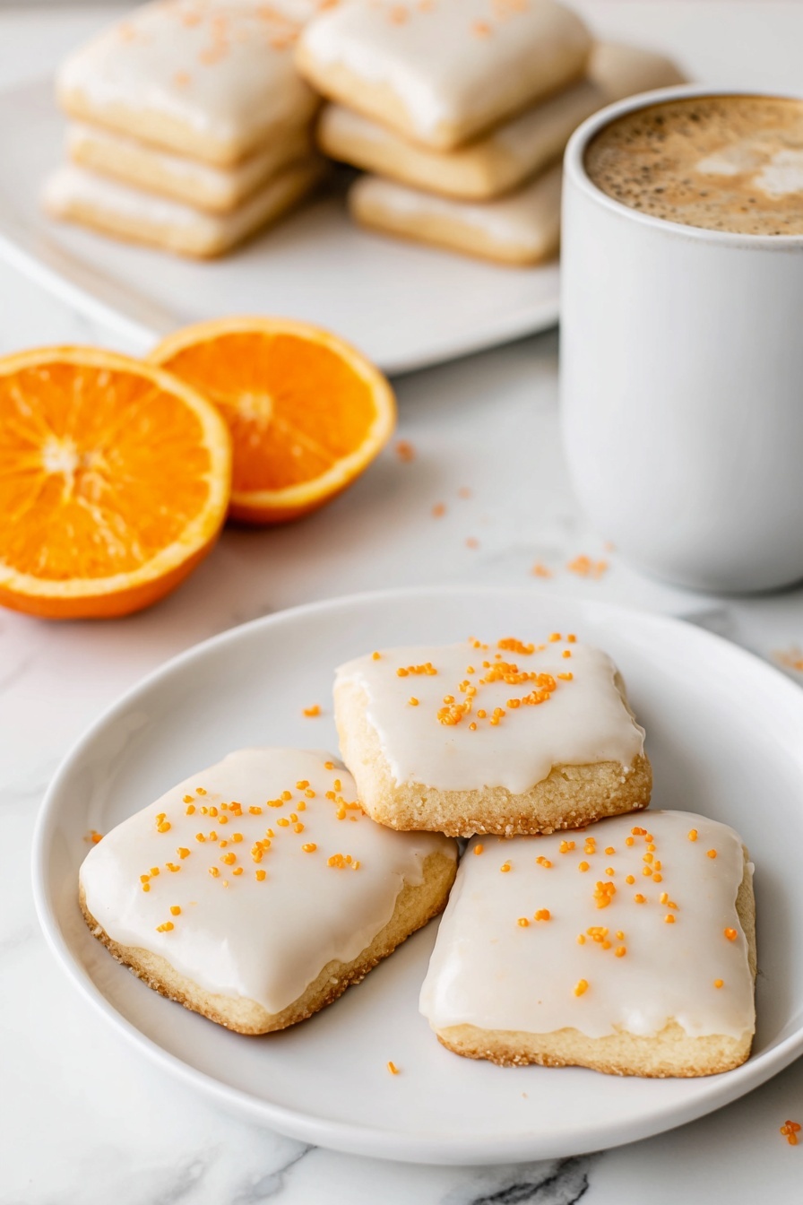 Cardamom Shortbread Cookies with Orange Glaze, citrus shortbread cookies, flavored shortbread recipes, gourmet cookie recipes, elegant Christmas cookies - The image shows a stack of four square cookies with smooth white icing on top, slightly dripping down the sides. The cookies are light golden brown with a crumbly texture. The top cookie has small orange zest pieces sprinkled on its icing. Around the stack, there are other similar white-iced square cookies lying flat on a white marbled surface. The background is softly blurred with warm, light bokeh. photo taken with an iphone --ar 2:3 --v 7