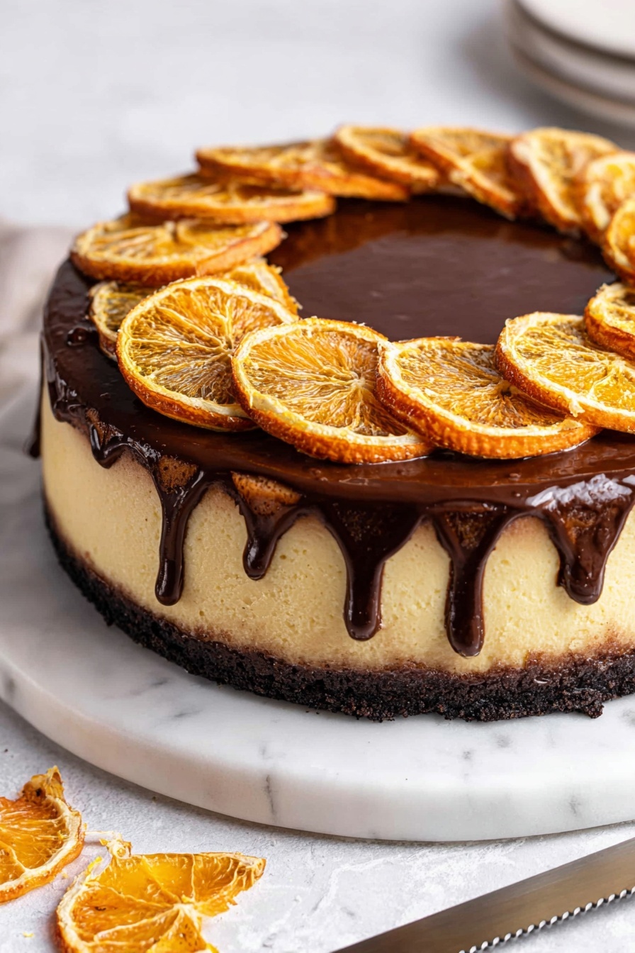 Chocolate Orange Cheesecake, citrus chocolate cheesecake, no-bake orange cheesecake, creamy chocolate cheesecake, easy citrus dessert - The image shows a round cheesecake with three layers, placed on a white marbled surface. The bottom layer is a dark, crumbly crust. The middle layer is a thick, creamy pale yellow cheesecake with a smooth texture. The top layer is a glossy dark chocolate glaze that gently drips down the sides. On top of the cheesecake, there are evenly spaced dried orange slices standing upright in a circle around the edge. A serrated knife lies beside the cheesecake on the white marble. Photo taken with an iphone --ar 2:3 --v 7
