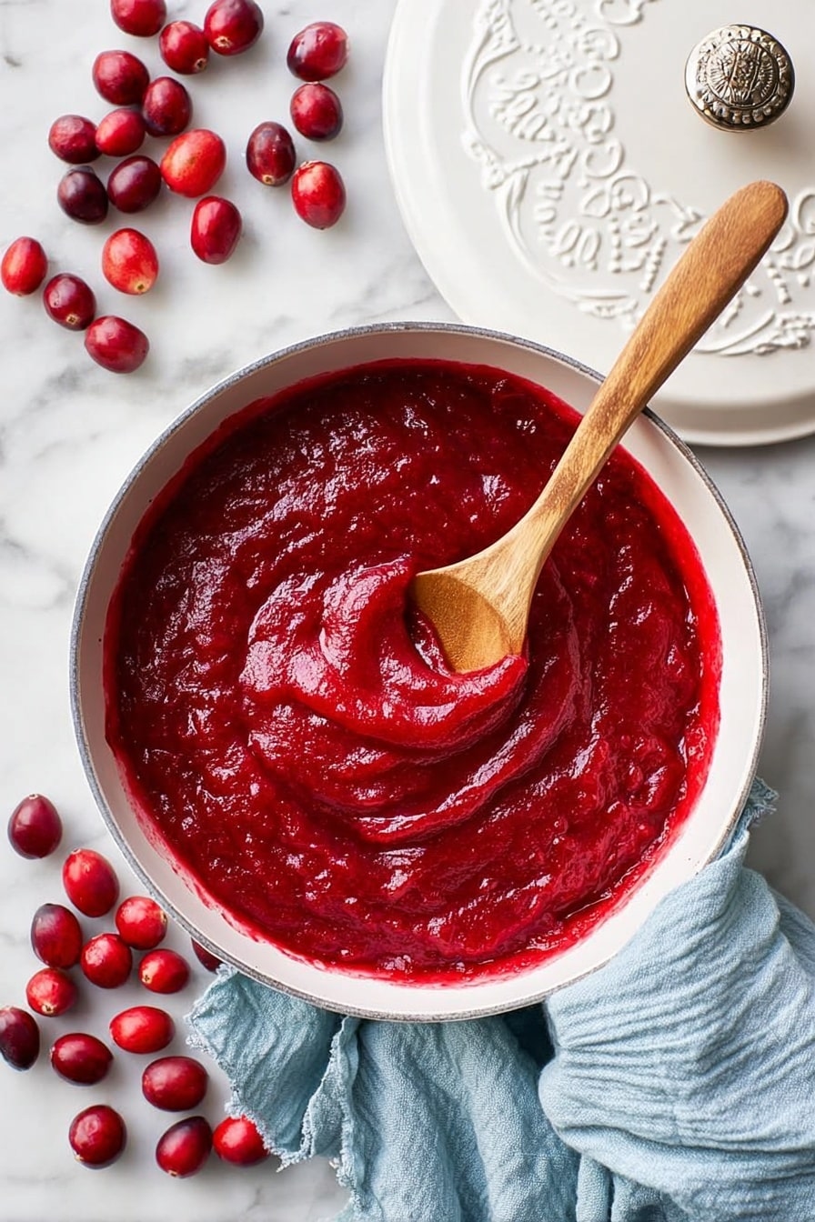 Sweet and Tangy Maple Cranberry Sauce with Orange Zest, cranberry sauce with orange zest, easy holiday cranberry sauce, homemade cranberry sauce, festive fruit sauce - A white pan filled with thick, bright red cranberry sauce that has a slightly chunky texture, with a wooden spoon partially dipped into the sauce twisting it into a small swirl at the center. Fresh red cranberries are scattered on the white marbled surface around the pan. A light blue cloth is casually wrapped around the pan handle, and the white lid of the pan is placed nearby with an embossed pattern and metal knob. Photo taken with an iphone --ar 2:3 --v 7