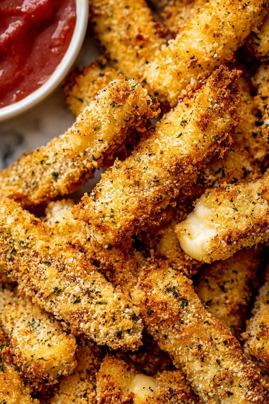 Baked Mozzarella Sticks with Marinara Dipping Sauce, Mozzarella Sticks recipe, Baked Cheese Sticks, Easy mozzarella sticks, Homemade Marinara Dip - The image shows many crispy coated sticks piled together, each stick having a rough and crunchy light golden-brown outside with green herb specks visible in the coating. The coating looks crumbly and textured with some parts more browned than others. The sticks are resting closely together, filling the frame with a few parts showing a creamy melted layer inside the sticks. In the bottom left, part of a round white bowl with a red sauce inside is visible. The background has a white marbled texture. photo taken with an iphone --ar 2:3 --v 7