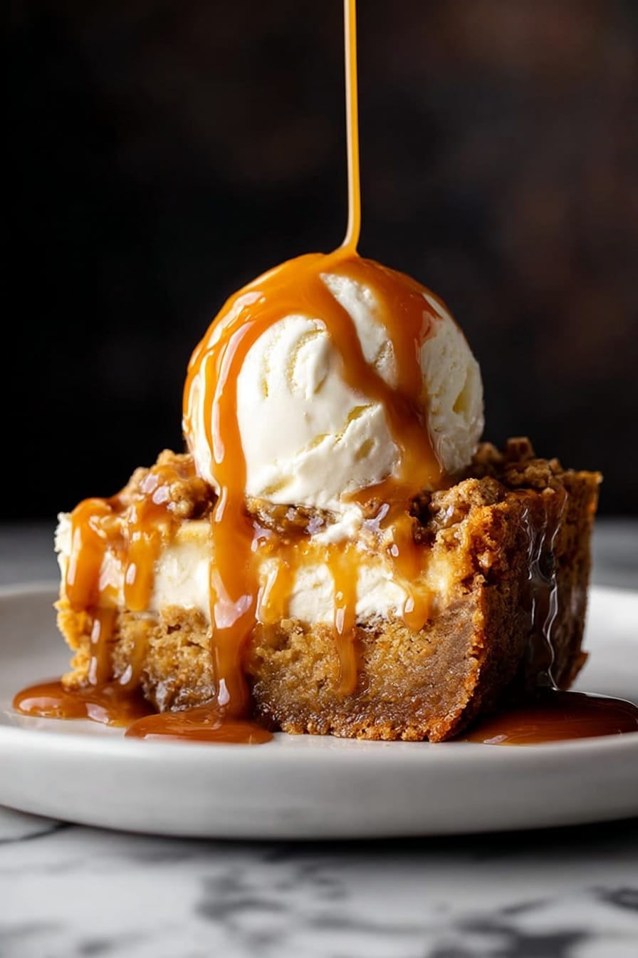 Pumpkin Dump Cake, easy pumpkin dessert, fall dessert recipes, quick pumpkin cake, pumpkin dessert ideas - A slice of golden brown dessert with a crumbly textured base layer topped by a soft, slightly moist middle layer, with a large round scoop of creamy white ice cream on top, covered with thick caramel sauce dripping down the ice cream and sides of the dessert slice, all served on a white plate against a dark blurred background with a white marbled surface below photo taken with an iphone --ar 2:3 --v 7