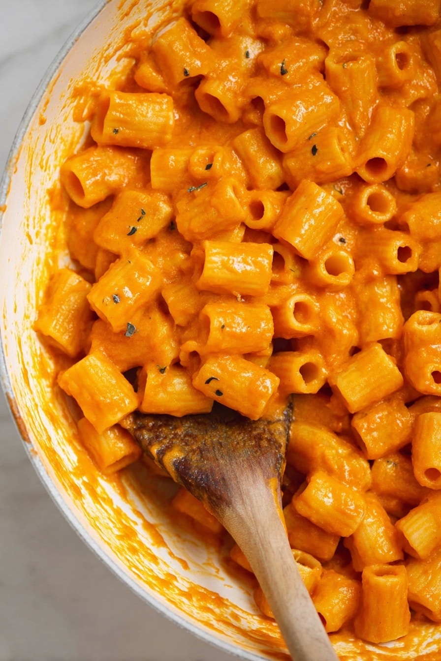 Roasted Pumpkin & Garlic Pasta with Parmesan, pumpkin pasta recipes, easy fall pasta dishes, comforting pumpkin garlic pasta, cheesy pumpkin pasta - The image shows a close-up of a white bowl filled with small tube-shaped pasta coated in a thick, bright orange sauce. The sauce has a smooth but slightly textured look, clinging well to each pasta piece. Dark tiny herb bits are scattered throughout, adding small flecks of greenish-black contrast. A wooden spoon with a round hole near its handle is partly submerged in the pasta, also covered in the orange sauce, while some sauce smudges are visible on the clean white inside surface of the bowl. The background is a white marbled texture. Photo taken with an iphone --ar 2:3 --v 7
