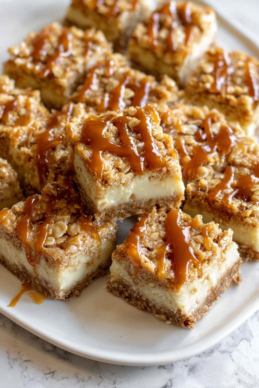 Caramel Apple Cheesecake Bars, caramel apple bars, apple cheesecake dessert, fall dessert recipes, easy cheesecake bars - The image shows a close-up of a white plate filled with square pieces of a crumbly dessert bar. Each piece has three visible layers: a light brown base, a creamy middle layer, and a golden, crumbly top layer with oats mixed in. The top is drizzled with a glossy caramel sauce. The pieces are arranged close together and the plate is set on a white marbled surface. Photo taken with an iphone --ar 2:3 --v 7