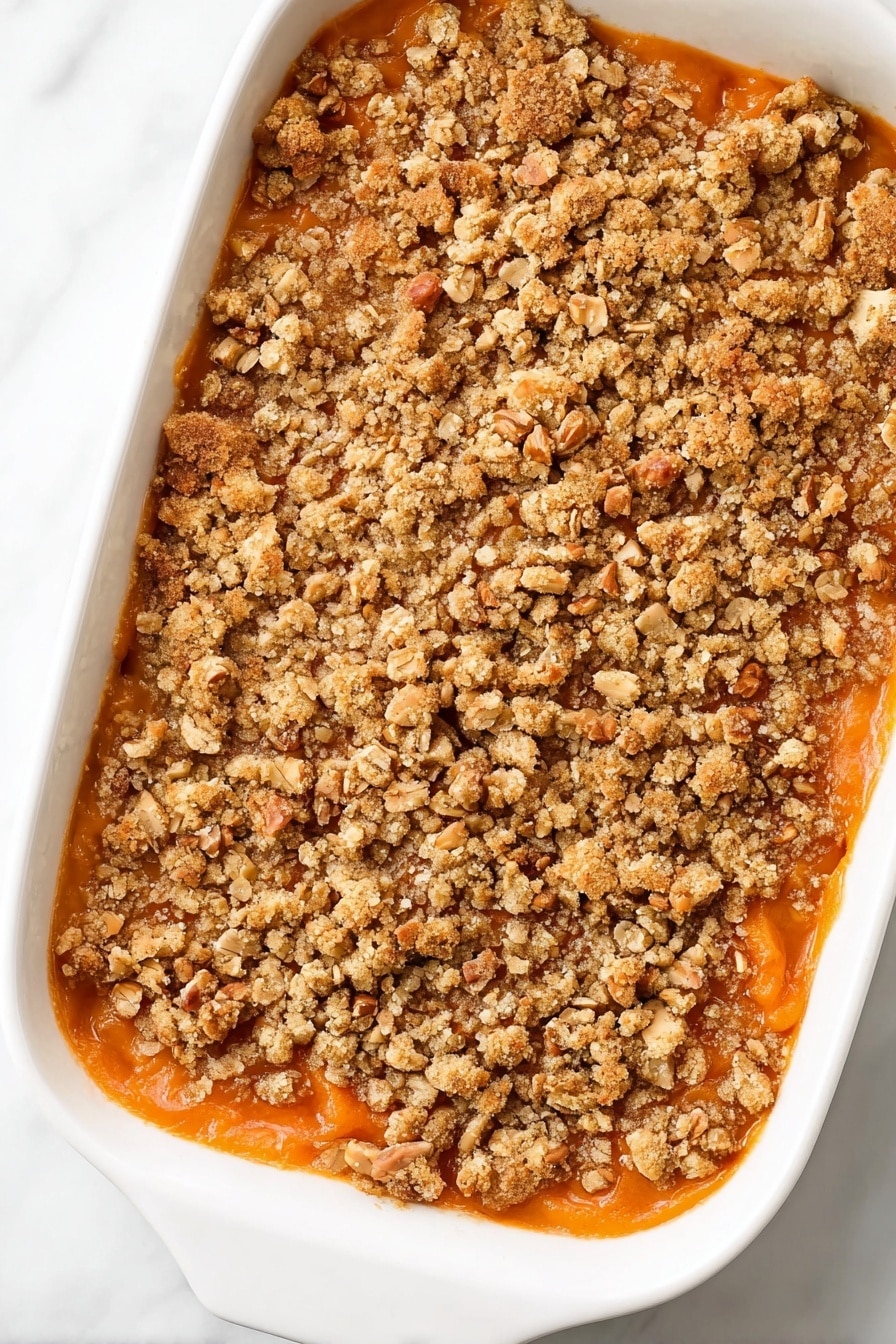 Vegan Sweet Potato Casserole with Butter Pecan Topping, plant-based sweet potato casserole, vegan holiday side dish, vegan pecan topping recipe, dairy-free sweet potato casserole - The image shows a white rectangular casserole dish filled with a dessert made of two visible layers. The bottom layer is smooth and orange, likely a sweet potato or pumpkin filling, with a glossy texture. The top layer is a crumbly, golden brown streusel with rough chunks and pieces of nuts mixed throughout, creating an uneven crunchy texture that covers the entire surface. The dish sits on a white marbled background. photo taken with an iphone --ar 2:3 --v 7