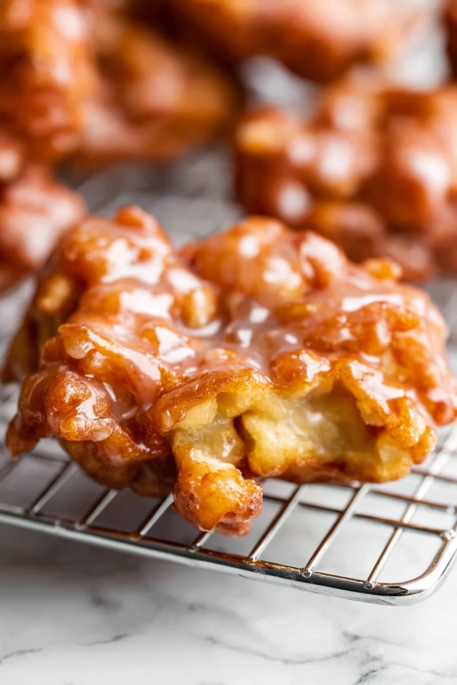 Apple Fritters, Apple Fritters Recipe, Easy Apple Fritters, Crispy Apple Fritters, Homemade Apple Fritters - The image shows a close-up of a single apple fritter resting on a cooling rack over a white marbled surface. The fritter has a rough, uneven shape with a golden-brown color mixed with lighter, glazed areas that give it a shiny, sugary texture. The glaze is unevenly spread over the top, creating a glossy, sticky appearance that catches the light. The fritter's surface looks crispy with small ridges and bumps, while the inside appears soft and moist. In the background, other fritters are blurred but similarly textured. Photo taken with an iphone --ar 2:3 --v 7