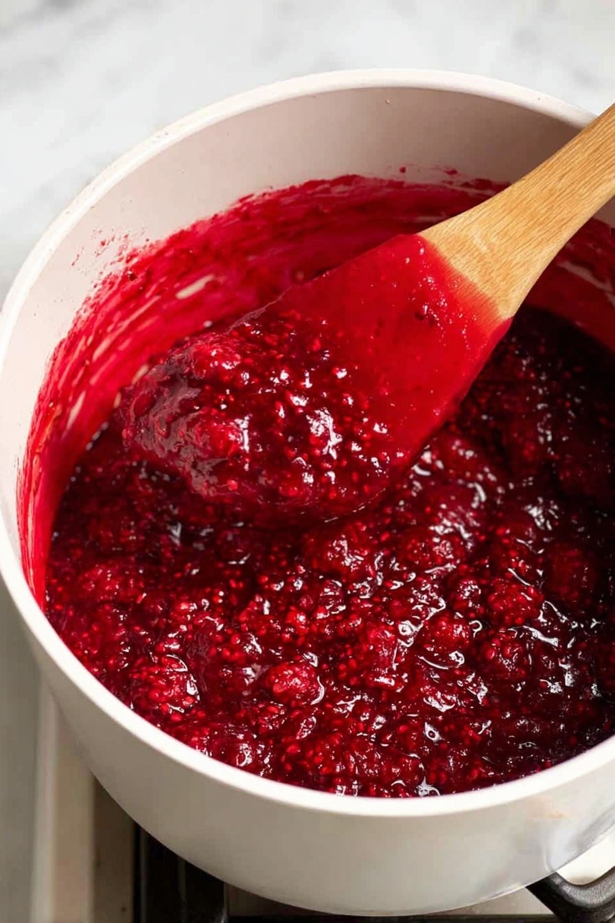 Easy Cranberry Sauce with Orange Juice, holiday cranberry sauce, simple cranberry sauce recipe, festive citrus cranberry sauce, homemade cranberry sauce - A close-up view of a white pot filled with thick, bright red berry sauce with visible small whole berries and crushed bits mixed together, showing a glossy, somewhat chunky texture. A wooden spatula covered in bright red sauce is held inside the pot, lifting some sauce, adding a natural wood color contrast to the vivid red. The pot is on a stove with a dark metal grate visible under it, and the background is a white marbled surface. photo taken with an iphone --ar 2:3 --v 7