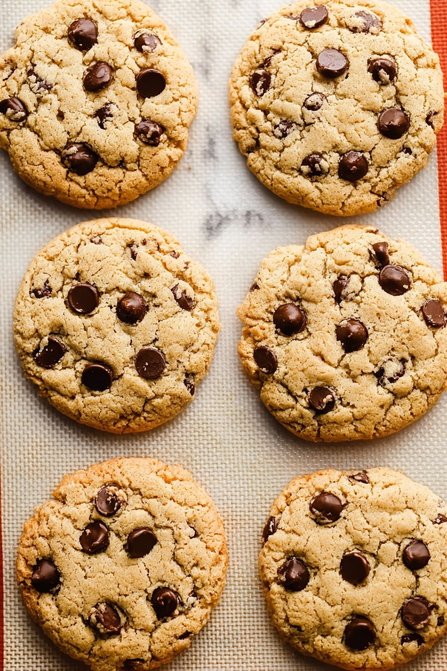 Vegan Gluten Free Chocolate Chip Cookies, gluten free vegan cookie recipe, dairy free chocolate chip cookies, plant-based gluten free treats, allergy-friendly vegan cookies - Six round chocolate chip cookies with a light golden brown color and slightly cracked surface are placed on a textured white baking mat with a small, grid-like pattern. Each cookie has dark brown chocolate chips that stand out against the light dough. The edges of the cookies are a bit darker and the cookies look soft and chewy with a slightly crisp outer layer. The background outside the baking mat is a smooth white marbled texture. photo taken with an iphone --ar 2:3 --v 7