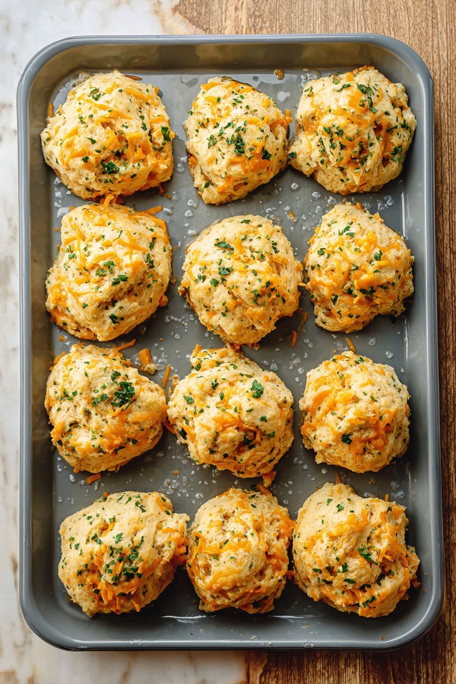 Vegan Cheddar Bay Biscuits, vegan biscuit recipes, dairy-free cheesy biscuits, plant-based savory biscuits, vegan garlic cheddar biscuits - The image shows a grey baking tray with twelve biscuit-like dough pieces arranged in a loose grid. Each biscuit is a pale golden color mixed with visible bright orange shreds that look like cheese, and they are sprinkled with finely chopped green herbs throughout. The dough pieces have a rough, uneven texture, giving them a homemade feel. The tray has small droplets of moisture around the biscuits, and it is placed on a wooden surface with a white marbled texture. photo taken with an iphone --ar 2:3 --v 7