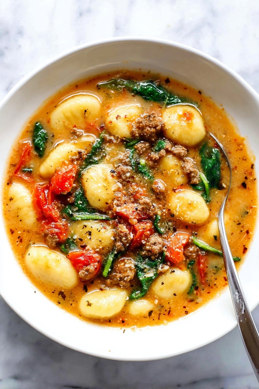 Sausage and Gnocchi Soup, sausage and gnocchi recipe, hearty sausage soup, quick weeknight soup, comforting sausage and gnocchi dish - A white bowl filled with a soup that has several layers: at the bottom is a light orange broth with small herbs and spices visible, topped with golden-yellow gnocchi that have a soft and smooth texture. Scattered through the soup are chunks of bright red tomatoes, small pieces of browned ground meat, and green spinach leaves that add a fresh look. A silver spoon is placed inside the bowl, partially resting on the edge. The bowl sits on a surface with a white marbled texture. photo taken with an iphone --ar 2:3 --v 7