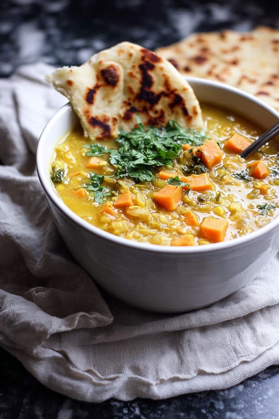 Coconut Sweet Potato Lentil Soup with Rice, hearty vegan soup, comforting plant-based dinner, creamy coconut lentil soup, healthy sweet potato soup - A white bowl filled with thick yellow soup containing orange cubes, possibly sweet potatoes, with visible grains and green leafy bits mixed in. On one side of the bowl, a piece of flatbread with brown roasted spots leans against the bowl, and some fresh green herbs rest on top of the soup. The bowl sits on a light, crumpled cloth over a dark surface with a white marbled texture in the background. Photo taken with an iphone --ar 2:3 --v 7