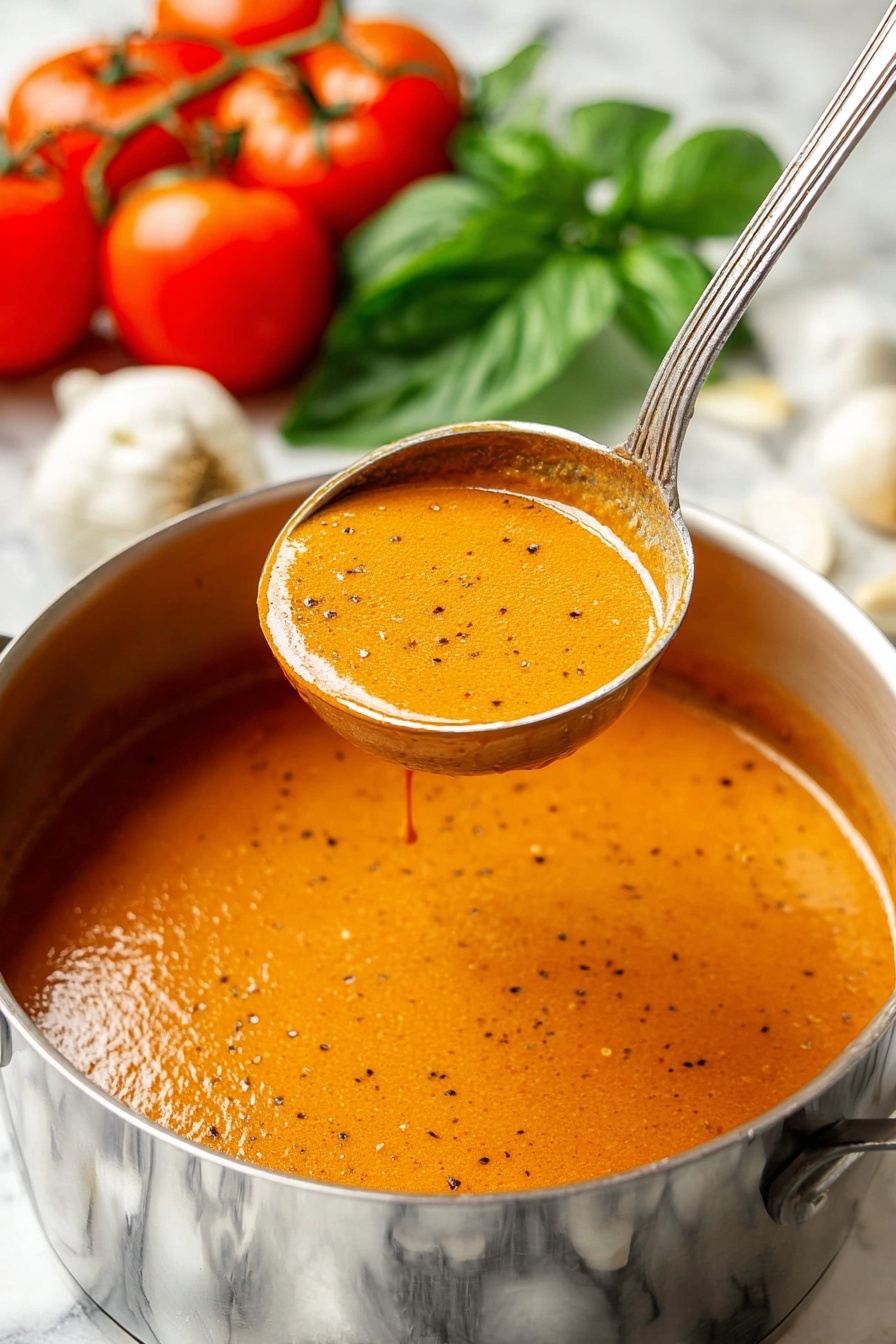 Easy Tomato Basil Soup, tomato basil soup, quick tomato soup, homemade tomato soup, fresh basil soup - A shiny silver pot filled with smooth, rich orange soup speckled with black pepper bits. A metal ladle is lifting some thick soup out of the pot, showing its creamy texture. In the background, there are bright red tomatoes on the vine, white garlic bulbs, and fresh green basil leaves. The pot is placed on a white marbled surface. photo taken with an iphone --ar 2:3 --v 7