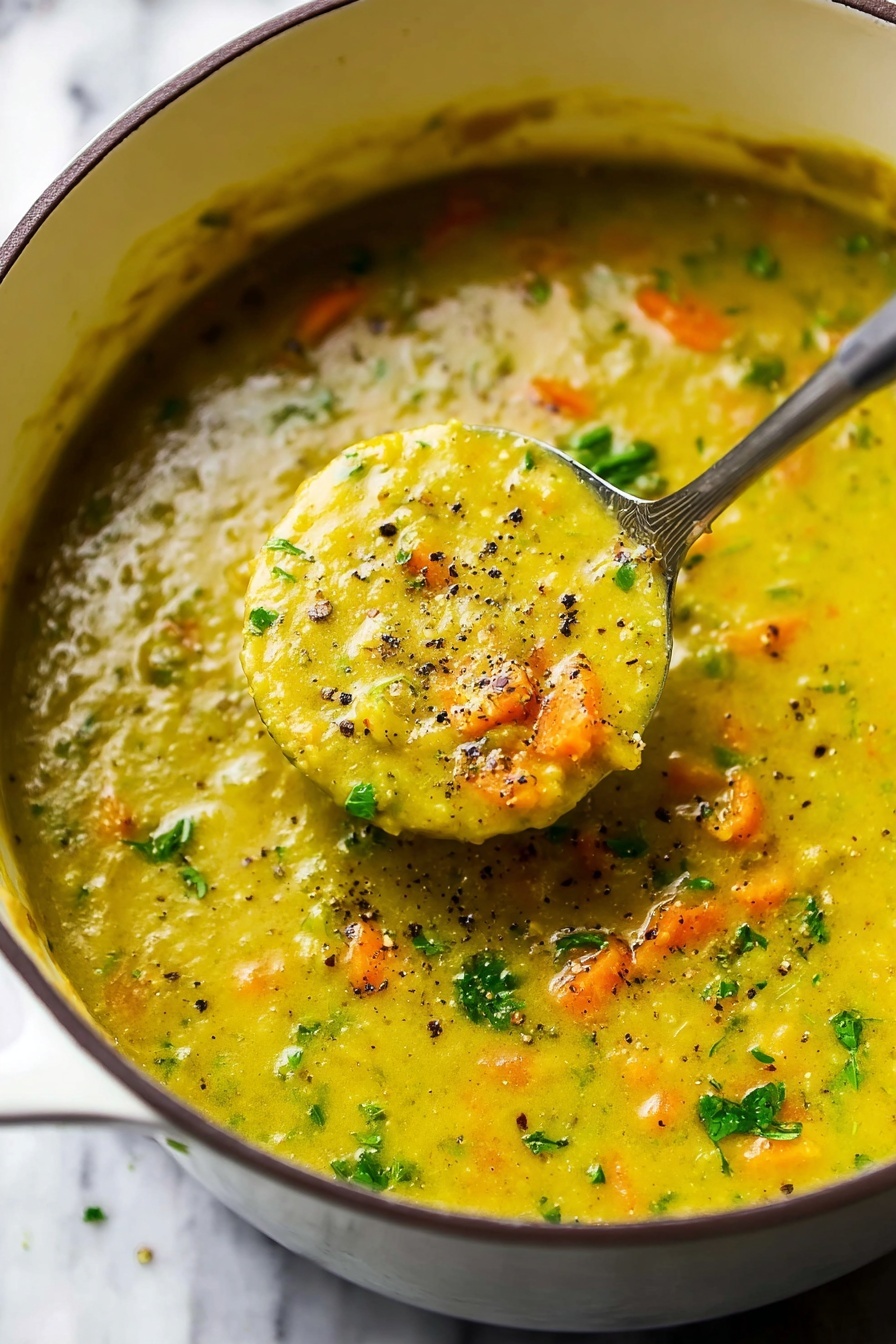 Split Pea Soup with Ham, hearty ham and split pea soup, comforting ham and pea soup, easy split pea ham recipe, cozy ham and pea stew - A close-up view of a thick yellow-green soup inside a white pot with a dark rim. The soup has small orange carrot pieces and some green herbs mixed throughout, sprinkled with black pepper on top. A metal butter knife is lifting some soup in the center, showing its creamy but slightly chunky texture. The background features a white marbled surface. photo taken with an iphone --ar 2:3 --v 7