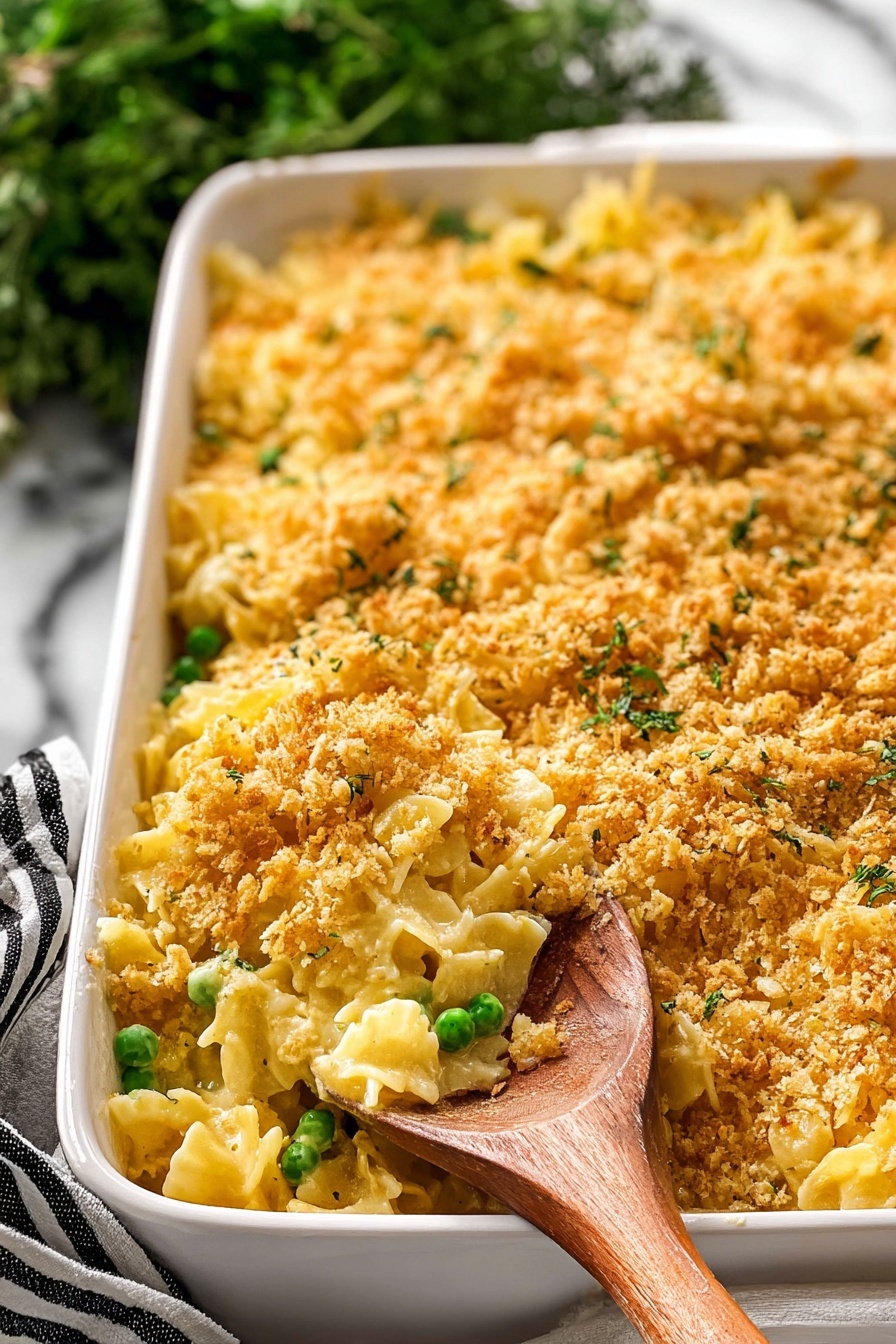 Creamy Chicken Casserole, Chicken Casserole, Easy Chicken Dinner, Comfort Food Recipes, Baked Chicken Dish - A white rectangular baking dish filled with macaroni and cheese topped with a golden, crunchy breadcrumb crust. The casserole has a light yellow cheesy layer underneath, mixed with scattered green peas throughout the dish and on top. A wooden spoon rests inside the dish, partially scooping the macaroni. The background shows green leafy herbs placed on a white marbled surface. Photo taken with an iphone --ar 2:3 --v 7