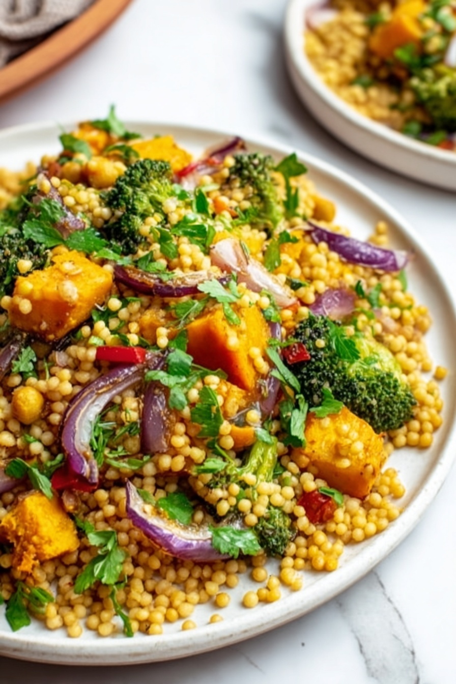 Roasted Pumpkin Couscous Salad with Vegetables and Pumpkin Seeds, healthy roasted pumpkin salad, veggie couscous bowl, fall vegetable salad, easy roasted pumpkin recipe - A white plate holds a colorful couscous salad with three main layers: the base layer is small, round golden couscous grains, mixed evenly throughout the dish; the second layer includes bright green broccoli pieces and fresh green herbs, scattered over and inside the couscous; the top layer shows chunks of orange pumpkin, thin slices of purple onion, and occasional red pepper pieces, all mixed together. The plate rests on a white marbled surface with soft natural light highlighting the textures and colors. A glimpse of a second white plate with more of the same salad is visible in the bottom right corner. photo taken with an iphone --ar 2:3 --v 7