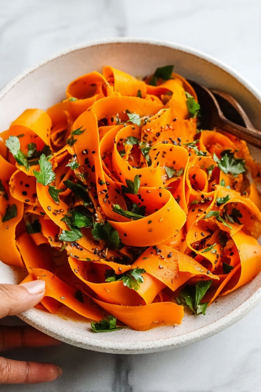 Raw Carrot Salad with Parsley and Balsamic, healthy carrot salad recipe, quick vegetable side dish, fresh and crunchy salad ideas, easy detox salad - A white bowl filled with thin, wide carrot ribbons layered in a loose swirl, showing their bright orange color and smooth texture. These carrot ribbons are mixed with small green parsley leaves scattered evenly on top. Tiny black and white seeds are sprinkled over the carrots, adding contrast and a slight texture variation. The bowl rests on a white marbled surface, and a woman's hand is seen near the bowl, gently touching it. photo taken with an iphone --ar 2:3 --v 7