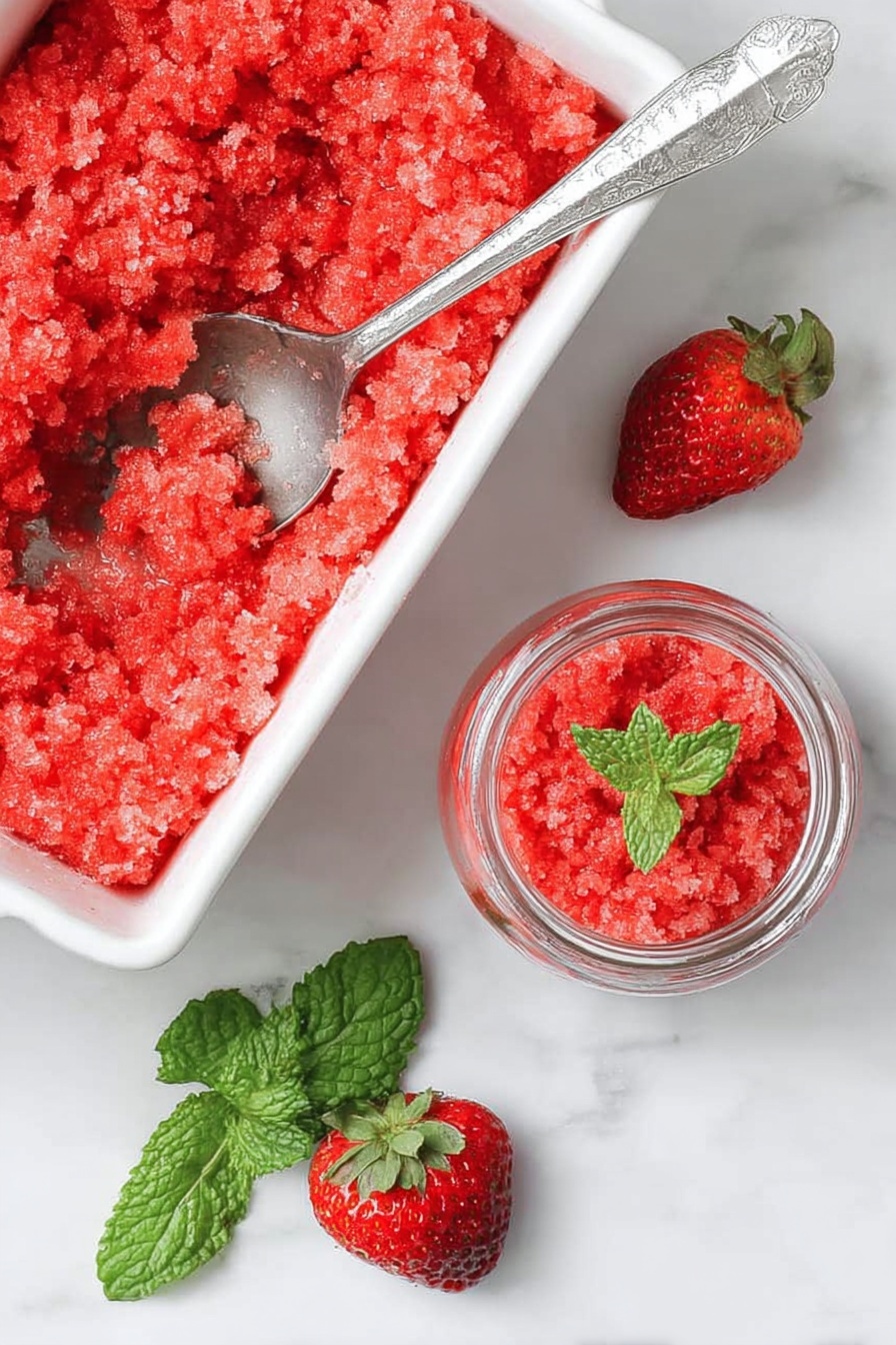 Strawberry Sorbet with Mint, Strawberry Mint Frozen Dessert, Refreshing Strawberry Sorbet, Healthy Summer Frozen Treat, Homemade Strawberry Mint Ice Cream - A top view of a bright red strawberry granita with a rough, icy texture in a white rectangular dish on a white marbled surface, showing a silver spoon inside catching some granita. Nearby, three fresh strawberries with green leaves are placed on the white marbled background. A small clear glass jar filled with the same red granita is also present, with a silver spoon sticking out. A small bunch of green mint leaves adds a fresh touch near the jar. photo taken with an iphone --ar 2:3 --v 7