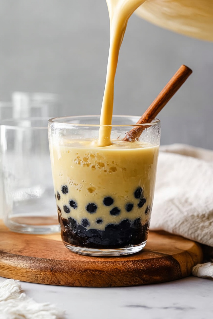 Mango Bubble Tea, Mango Bubble Tea Recipe, Homemade Bubble Tea with Mango, Tropical Mango Bubble Tea, Best Mango Bubble Tea - The image shows a clear glass filled halfway with black tapioca pearls at the bottom, which have a shiny and irregular round shape. On top of the pearls, a thick, light yellow creamy liquid is being poured, creating small bubbles on the surface as it fills the glass near the top. A wooden spoon handle is also visible inside the glass, leaning against the side. The glass sits on a round wooden board placed on a white marbled surface. In the background, there is a blurred white cloth and an empty clear glass. Photo taken with an iphone --ar 2:3 --v 7