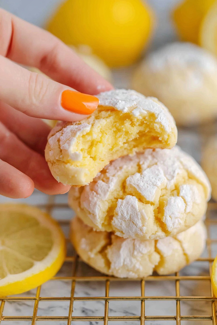 Lemon Crinkle Cookies, lemon cookies, soft lemon cookies, easy lemon cookie recipe, lemon dessert - A close-up image shows a woman's hand with orange nail polish holding a lemon cookie with a bite taken out of it, revealing its soft yellow inside. The cookie has a cracked top covered lightly with white powdered sugar. Underneath are more similar cookies stacked on a gold cooling rack. Around the rack are bright yellow lemon halves placed on a white marbled surface, adding fresh color to the scene. The photo taken with an iphone --ar 2:3 --v 7