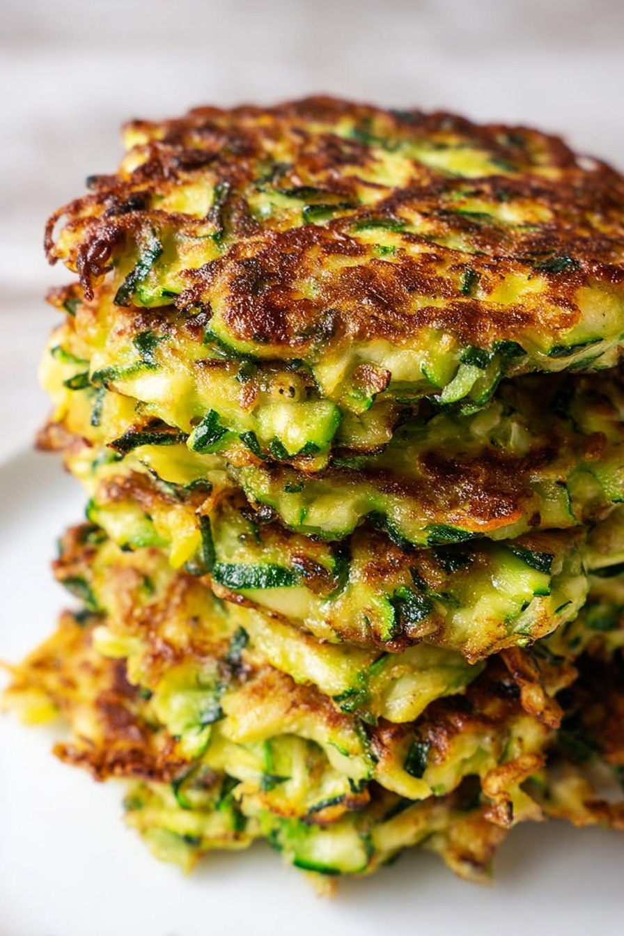 Vegan Zucchini Fritters, vegan zucchini fritters recipe, crispy zucchini fritters, healthy veggie fritters, plant-based zucchini snacks - A stack of six round zucchini fritters sits closely together on a white plate, showing a mix of green zucchini shreds and light yellow cooked batter with uneven, browned patches on top. The texture looks crispy at the edges and soft inside, with some bits of green herbs visible throughout. The fritters have an uneven, slightly rough surface and are thick but not very tall. The background is a white marbled texture. photo taken with an iphone --ar 2:3 --v 7