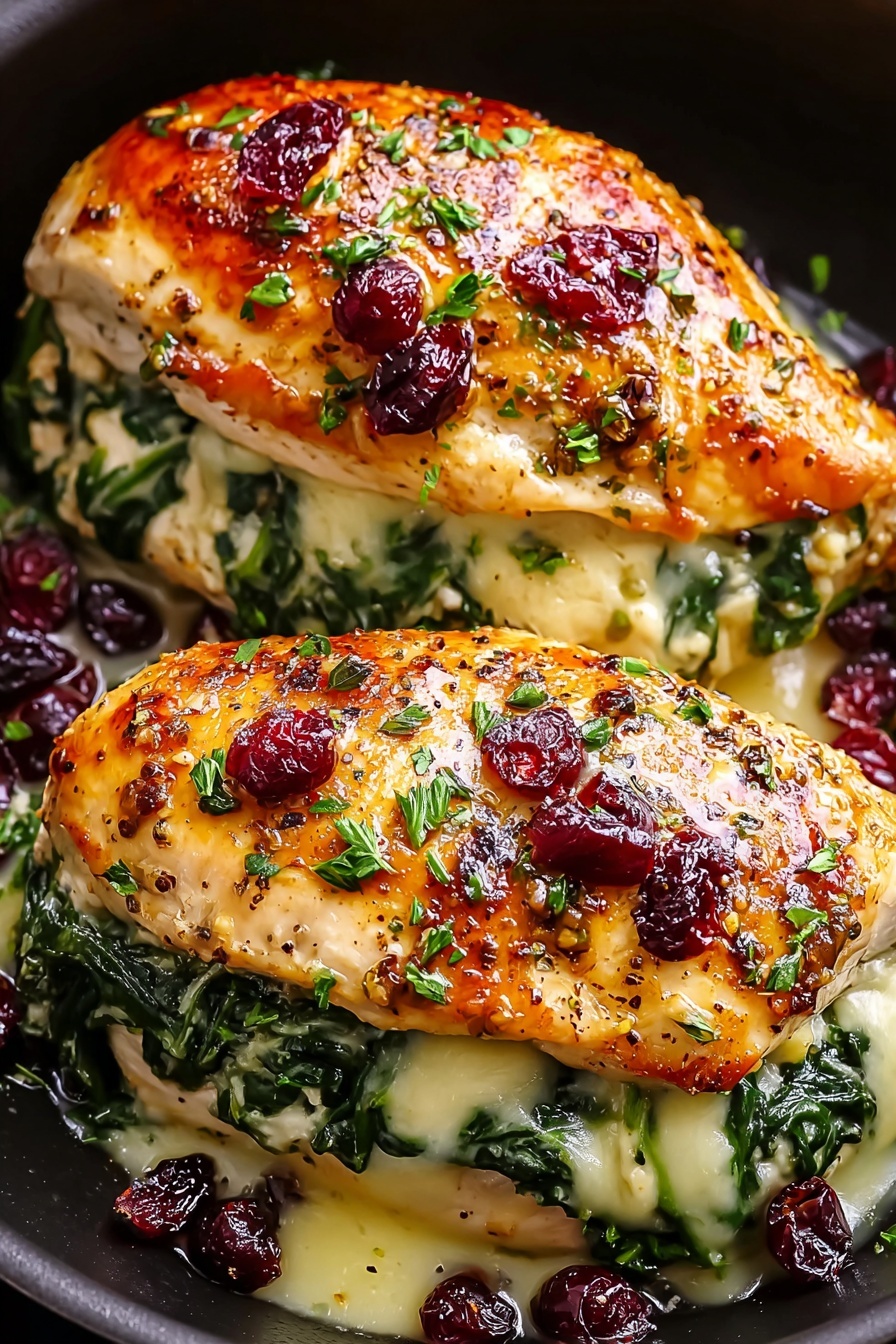 Cranberry & Spinach Stuffed Chicken Breasts with Brie, stuffed chicken breast recipes, elegant chicken dinner ideas, easy stuffed chicken recipes, healthy poultry fillings - The dish shows two pieces of golden brown cooked chicken breasts placed side by side in a dark pan. Each chicken piece is sliced open and stuffed with bright green cooked spinach and melted pale yellow cheese. Small red dried cranberries are scattered on top of the chicken and around it inside the pan. Tiny bits of chopped green herbs are sprinkled over the chicken, adding fresh color. The chicken surface looks shiny with a seasoned, slightly crispy texture. photo taken with an iphone --ar 2:3 --v 7