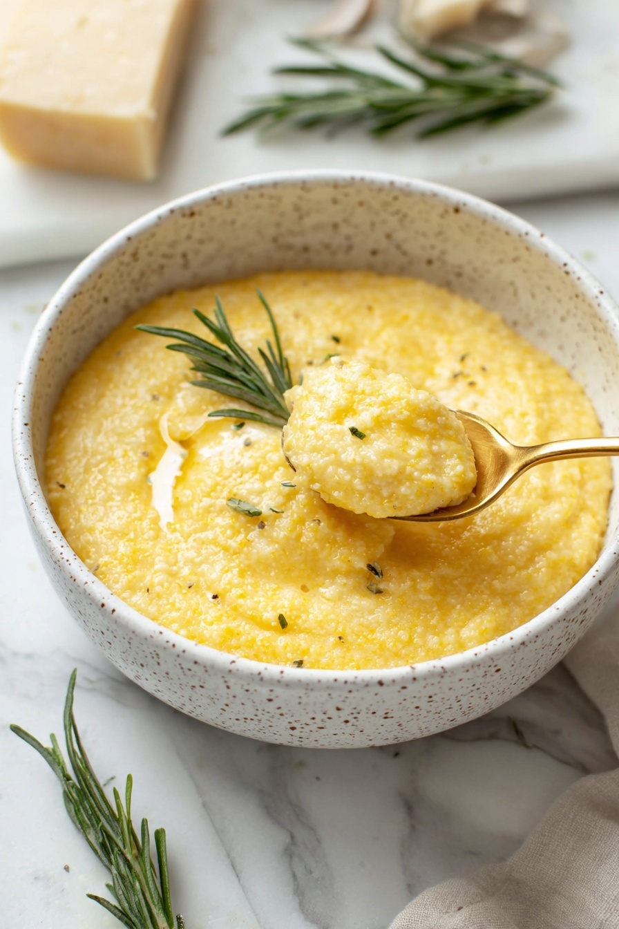 Creamy Parmesan Polenta with Herbs, cheesy polenta recipes, easy creamy polenta, herb-infused polenta, comfort food recipes - The image shows a white pot with a black rim filled with a thick, creamy yellow porridge that has a slightly grainy texture. A wooden spoon is lifted above the pot, holding a scoop of the porridge, showing its dense and smooth consistency with small, visible corn grains. The scene is set on a white marbled surface, and there are small bowls of ingredients blurred in the background. The lighting is soft and natural, highlighting the warm color and texture of the porridge. photo taken with an iphone --ar 2:3 --v 7