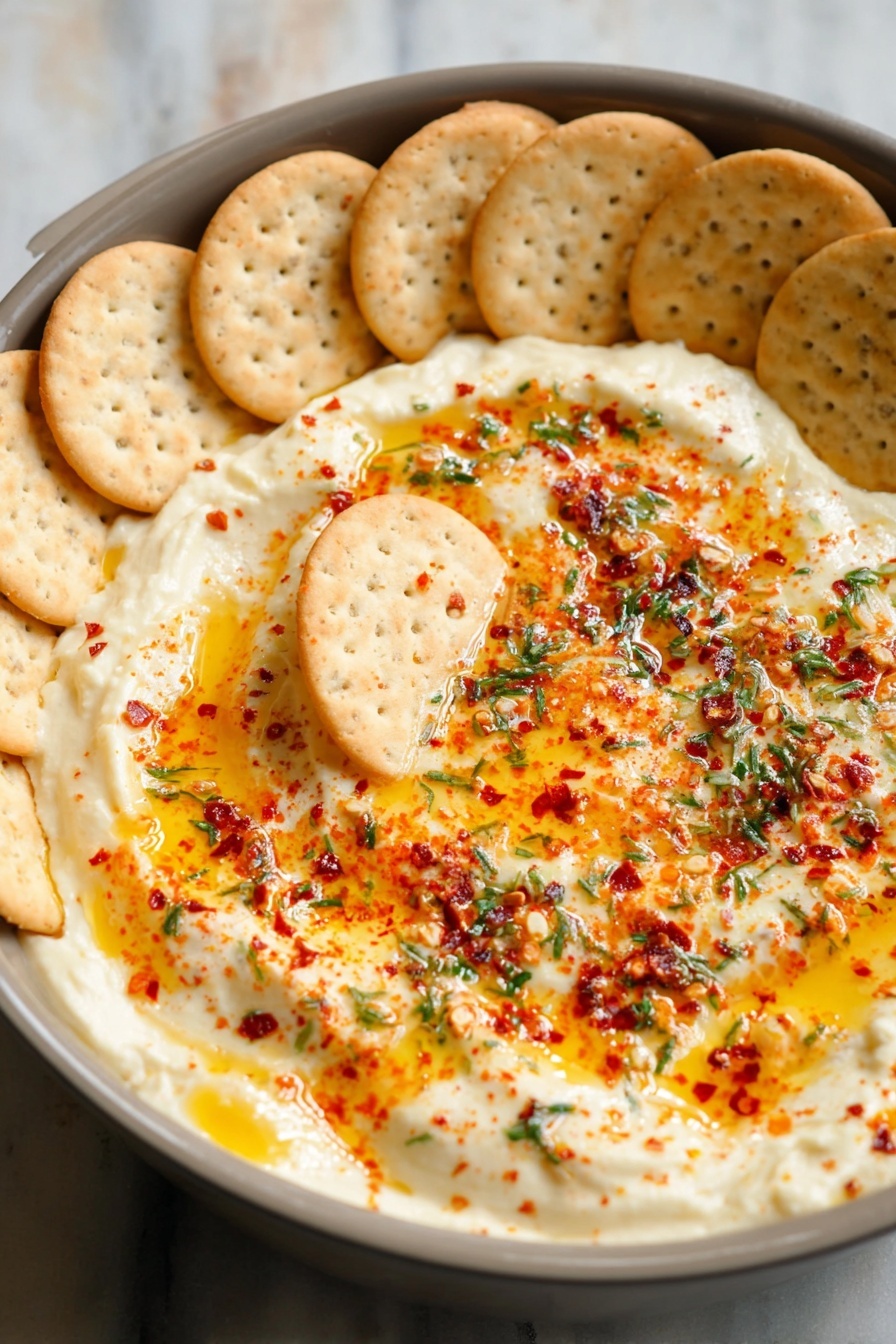 Vegan Brie Dip Pepper Jelly, plant-based brie dip, vegan appetizer recipes, dairy-free cheese dip, easy vegan dip ideas - A shallow gray pan holds a creamy, smooth white dip as the base layer, topped with bright golden orange oil drizzles and sprinkled with red chili flakes and green herb bits scattered across the surface. Around the edge of the dip, there are two neat rows of round, crunchy crackers with a light tan color and small seeds visible. One cracker is partly dipped into the creamy layer near the center, resting flat. The background is a white marbled texture. Photo taken with an iphone --ar 2:3 --v 7