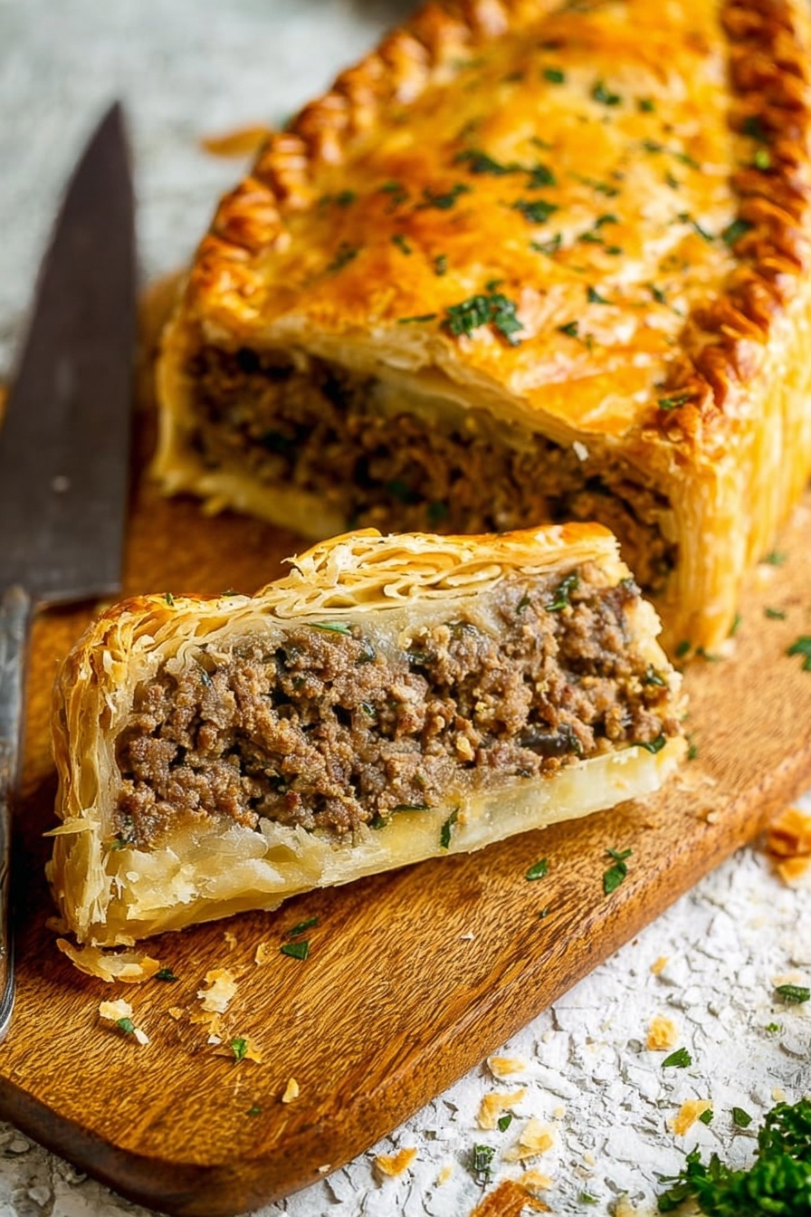 Vegan Wellington, plant-based Wellington, vegan savory pastry, vegan holiday dinner, vegetarian Wellington recipe - A slice of savory meat pie sits on a wooden board, revealing two distinct layers: a golden-brown, flaky top crust sprinkled with chopped green herbs, and beneath it a thick, dense filling of finely ground cooked meat mixed with more herbs and spices. The bottom crust is lightly browned and flaky, holding the filling firmly. A silver fork is pressed into the filling of the front slice, while the rest of the pie remains whole in the background, showing the textured top crust and some scattered herbs and crumbs around. The overall look is warm and inviting with a mix of crumbly and meaty textures. Photo taken with an iphone --ar 2:3 --v 7