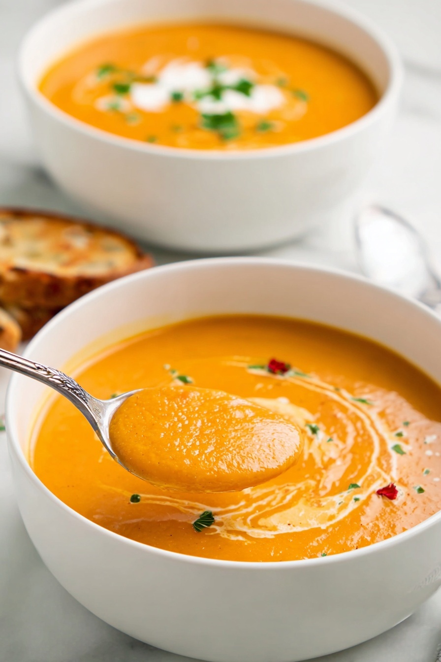 Roasted Red Pepper Gouda Soup, creamy roasted red pepper soup, smoky cheese soup, easy cheese and pepper soup, hot comfort food - Two white bowls filled with smooth orange soup sit on a white marbled surface. The bowl in front has a spoon lifting some thick, creamy soup that shows a light swirl of cream on top. Small bits of green herbs and a tiny spot of red add color to the soup near the edge of the bowl. Behind it, the second bowl also has an orange soup with cream and green herbs. A piece of toasted bread is partly visible next to the bowls. photo taken with an iphone --ar 2:3 --v 7
