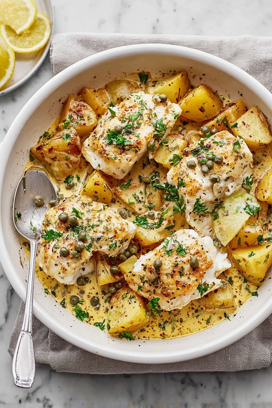 Cod & Potatoes in Rosemary Cream Sauce, rosemary cream sauce with cod and potatoes, easy fish dinner recipe, comforting seafood dish, beginner-friendly cod recipe - A white rectangular baking dish filled with four thick pieces of white fish on top, surrounded by golden roasted potato chunks. The fish and potatoes are covered with a creamy sauce sprinkled with green herbs and dark green capers. A few lemon slices are placed in the bottom left corner of the dish. A large silver spoon rests on the right side inside the baking dish, slightly on top of the potatoes. The whole dish sits on a white marbled surface. Photo taken with an iphone --ar 2:3 --v 7