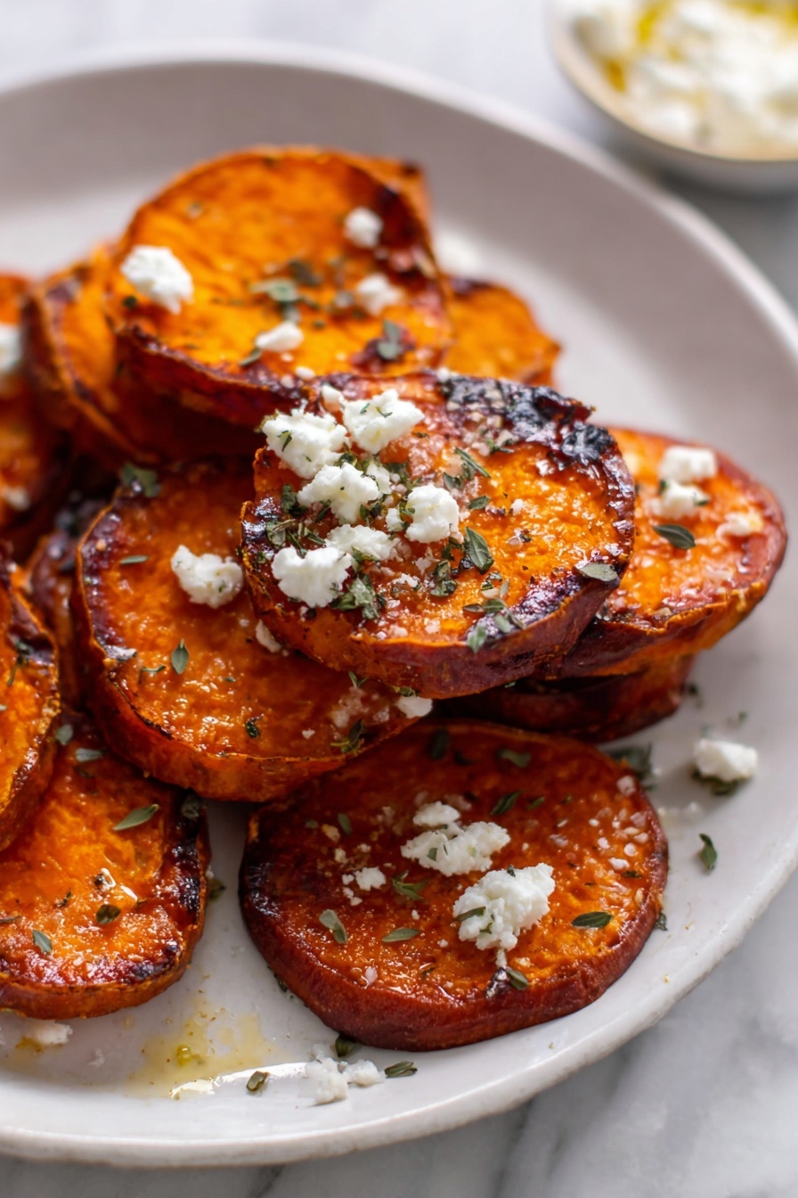 Sweet Potato Rounds with Honey and Feta, healthy appetizer ideas, easy sweet potato snacks, quick vegetarian appetizers, flavor-packed finger foods - The image shows a white plate filled with about two layers of roasted sweet potato rounds, each round having a deep orange color with charred edges. The top layer of rounds is garnished with small crumbles of white cheese and scattered green herb leaves. The sweet potato slices have a slightly shiny surface, indicating a light glaze or oil. The plate rests on a white marbled surface. Photo taken with an iphone --ar 2:3 --v 7