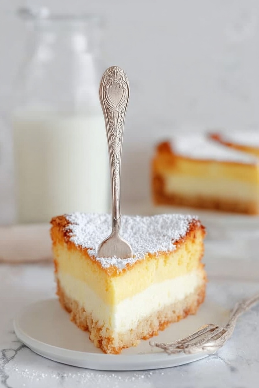 Ooey Gooey Butter Cake, best ooey gooey butter cake, easy gooey butter cake recipe, how to make ooey gooey butter cake, homemade gooey butter cake - The image shows a slice of a two-layer dessert on a white plate placed on a white marbled surface. The bottom layer is a light golden crust with a firm texture. Above it is a creamy pale yellow layer, smooth and thick. The top is dusted with white powdered sugar that looks soft and powdery. A silver fork with a simple, detailed design is stuck vertically into the slice. In the blurry background, there is a glass bottle filled with white milk. Photo taken with an iphone --ar 2:3 --v 7