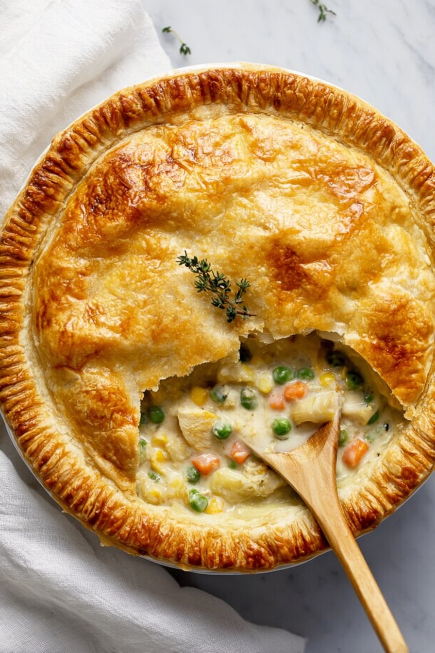 Homemade Chicken Pot Pie with Puff Pastry, Chicken Pot Pie with Puff Pastry, homemade chicken pot pie, flaky savory chicken pie, easy chicken pot pie - A golden brown pie with a flaky, slightly cracked crust covers the top. Near one side, there is a round opening showing a creamy filling with white chunks, green peas, small orange pieces, and light yellow cubes, likely vegetables. A wooden spoon rests inside the opening, partly buried in the filling. A small sprig of green thyme is placed on top of the crust. The pie is on a white marbled surface with a white cloth nearby, adding softness to the scene. photo taken with an iphone --ar 2:3 --v 7
