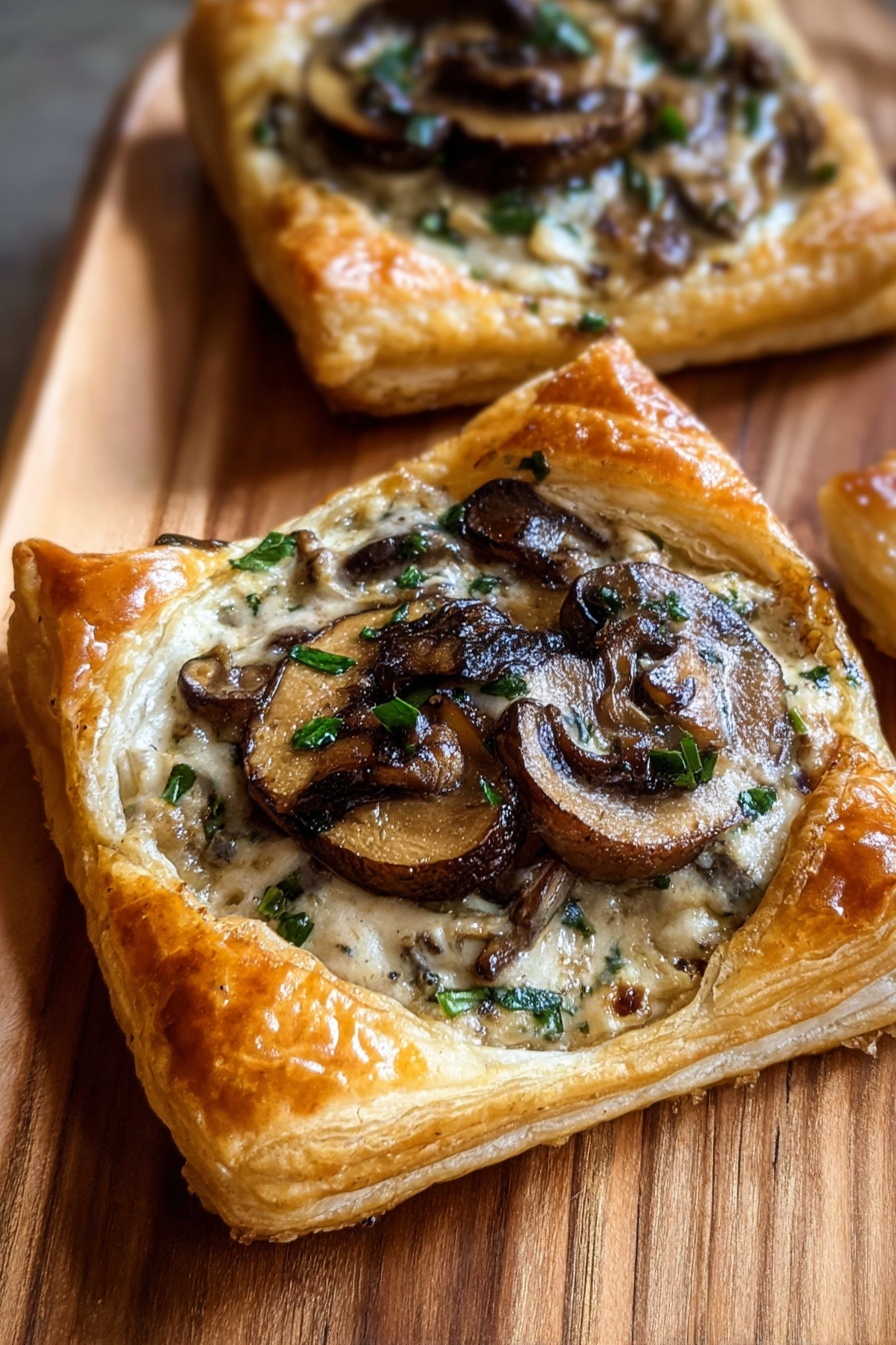 Mushroom and Goat Cheese Puff Pastry Tarts, savory mushroom tart, goat cheese appetizer, easy puff pastry tart, flaky mushroom tart appetizer - Five small square-shaped pastries are arranged side by side on a wooden board placed on a white marbled surface. Each pastry has one thick, golden-brown puff pastry base layer with a slightly shiny, flaky texture. On top, there is a creamy sauce layer mixed with chopped green herbs, followed by a layer of sliced cooked mushrooms in brown and beige shades, scattered unevenly but fully covering the sauce. The edges of the pastry are puffed up and crispy, creating a raised border around the toppings. The photo taken with an iphone --ar 2:3 --v 7