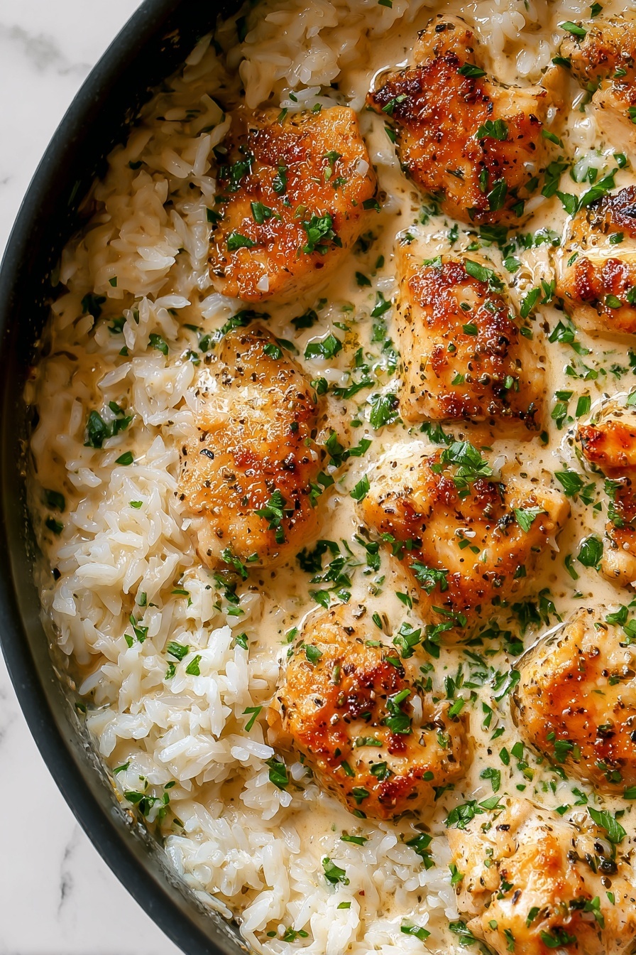 Creamy Herb Chicken with Basmati Rice, creamy herb chicken dish, easy herb chicken recipe, flavorful chicken and rice, comforting chicken dinner - The image shows a close-up of a cooked dish in a pan with pieces of browned chicken on top of a bed of white rice. The chicken pieces have a golden-brown color with a slightly crispy texture spotted with herbs. The rice underneath is fluffy and white with some grains coated in a light creamy sauce. The dish is garnished with small bits of fresh green herbs scattered across the surface, adding a fresh contrast to the creamy and golden tones. The background surface is a white marbled texture. Photo taken with an iphone --ar 2:3 --v 7