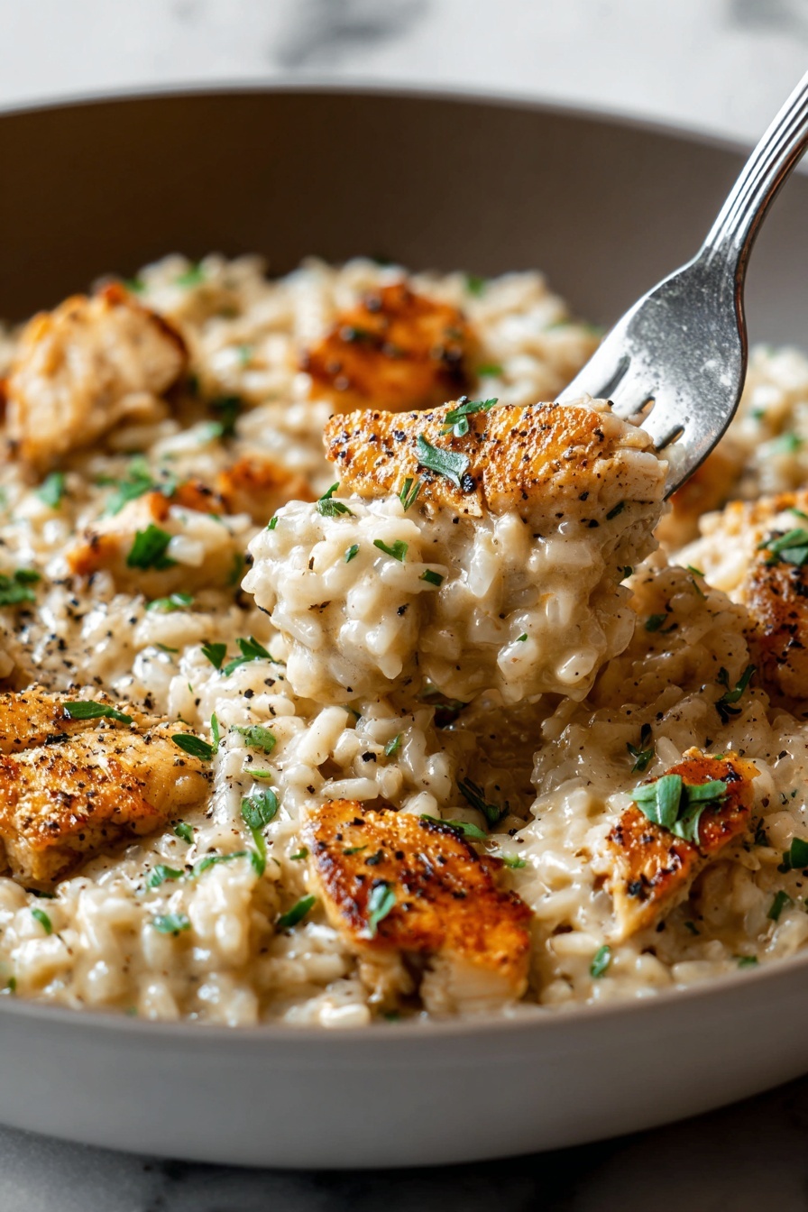 Creamy Herb Chicken with Basmati Rice, creamy herb chicken dish, easy herb chicken recipe, flavorful chicken and rice, comforting chicken dinner - The image shows a close-up of a white skillet filled with creamy risotto layered with pieces of golden brown, seared chicken scattered on top. The risotto is thick and creamy with a light beige color, speckled with black pepper and garnished with small green herbs. A silver fork lifts a portion of the creamy risotto and chicken, showing the soft texture of the rice and tender chicken pieces. The background and surface beneath the skillet are white with a marbled texture. photo taken with an iphone --ar 2:3 --v 7