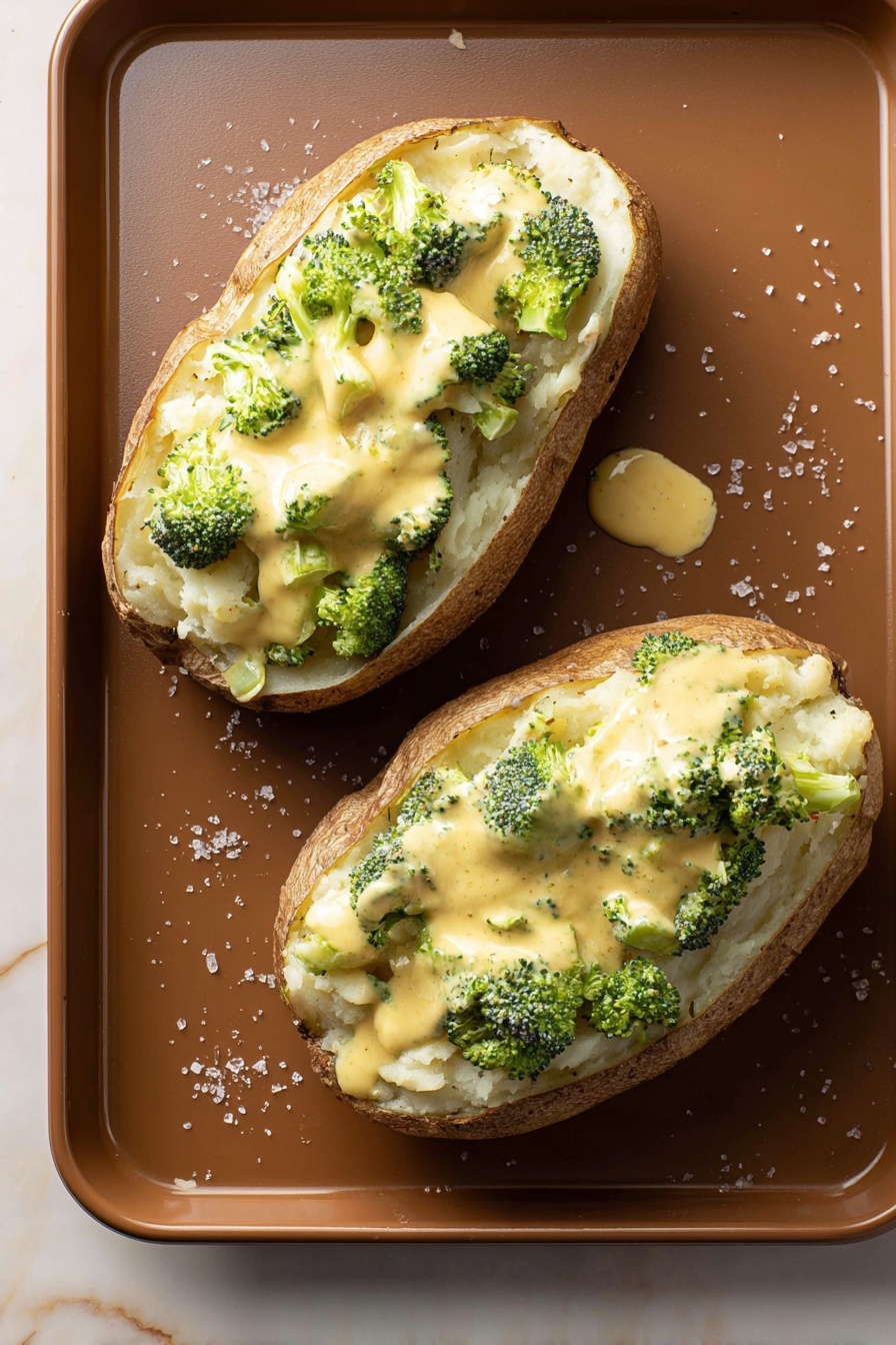 Cheesy Broccoli Baked Potatoes, baked potato with broccoli and cheese, cheesy baked potato dinner, healthy baked potato recipes, quick comfort food ideas - Two baked potatoes are placed open on a brown baking tray, each with three visible layers. The bottom layer is the potato skin in a light brown color, the middle layer is soft white mashed potato, and the top layer is a creamy yellow cheese sauce with small bright green broccoli pieces mixed in. The sauce is slightly spilling onto the tray, and some salt grains are scattered around. The tray sits on a white marbled texture. Photo taken with an iphone --ar 2:3 --v 7