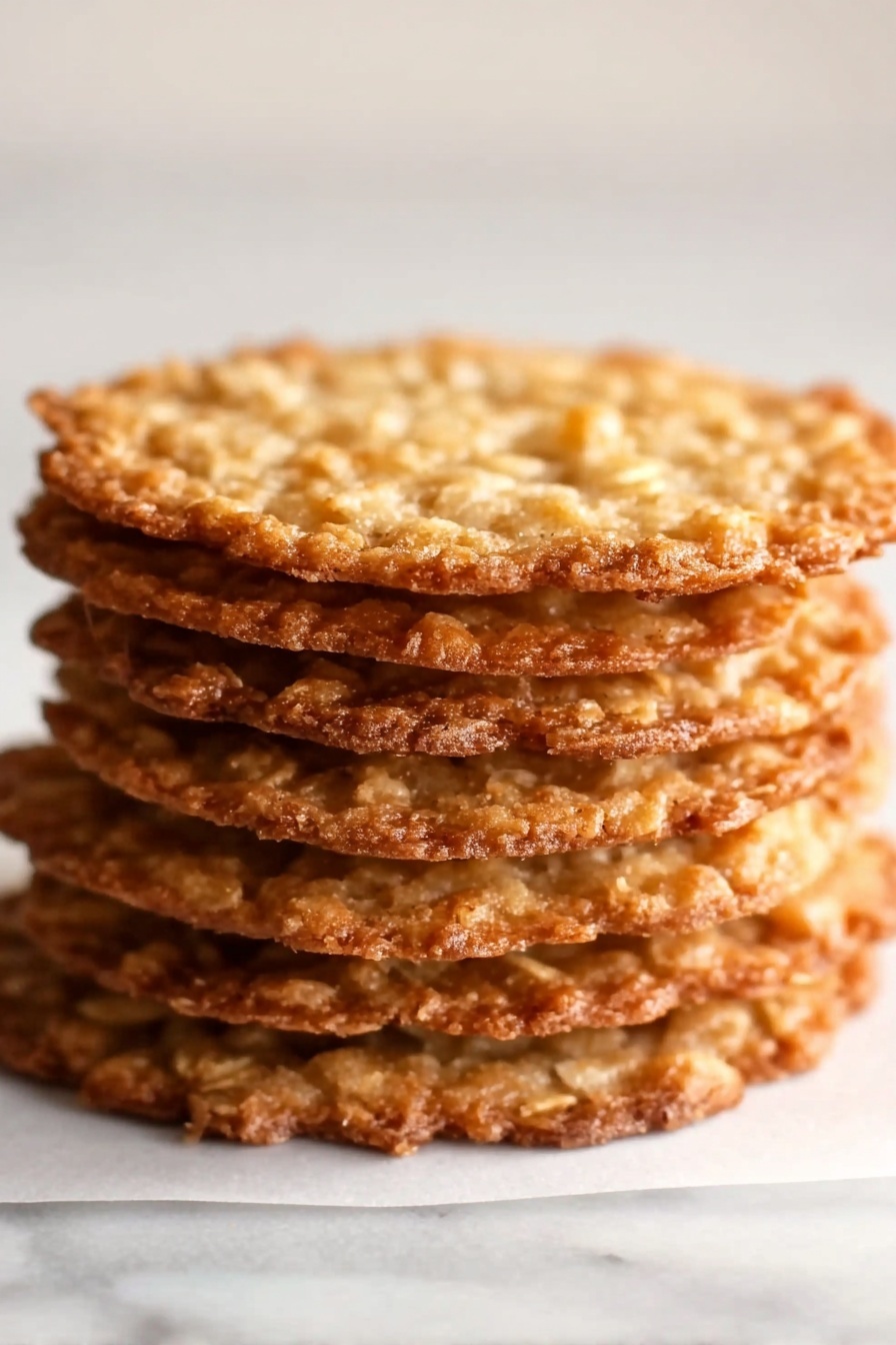 Delicious Lace Oat Cookies, oat cookies with brown butter, crispy buttery oat cookies, quick oat cookie recipe, easy lace cookies - A stack of six thin, round cookies with a light golden brown color and a textured surface showing oats and slight bubbling. The cookies look crispy with an uneven edge, layered one on top of the other on a white marbled surface. The lighting highlights the cookies' crunchy texture and slight shine on their tops. photo taken with an iphone --ar 2:3 --v 7