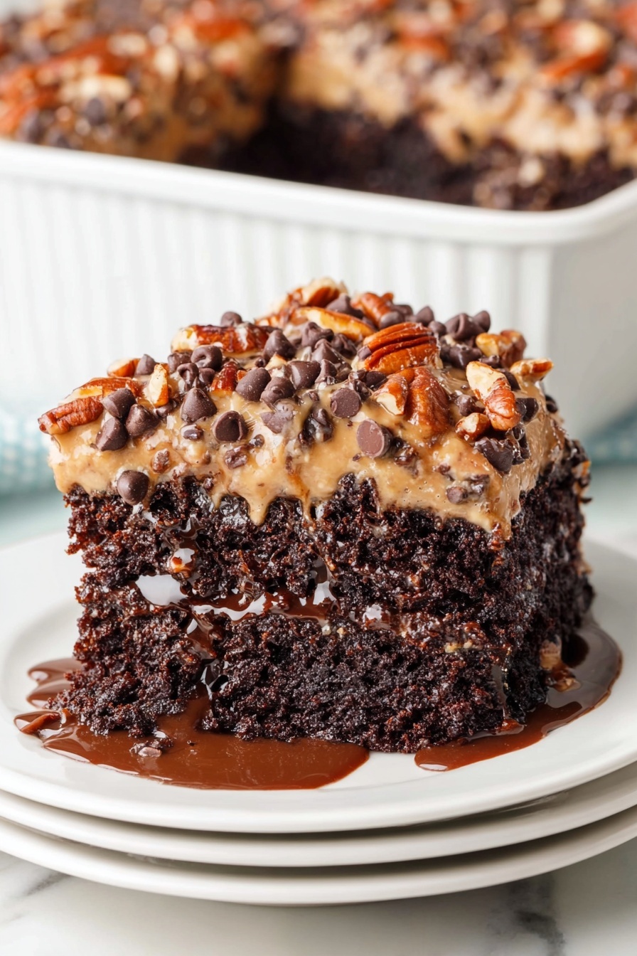 German Chocolate Poke Cake, chocolate poke cake recipe, coconut pecan cake, moist chocolate cake with fudge, easy German chocolate dessert - A slice of rich dark chocolate cake sits on a white plate with three stacked white plates underneath, on a white marbled surface. The cake has one thick layer of moist, dark chocolate cake with a slightly shiny texture. On top is a layer of light caramel-colored frosting covered with chocolate chips and whole pecans scattered evenly across. There is some chocolate sauce pooling around the base of the slice, adding a shiny, wet look. In the background, more of the cake is seen in a white baking dish. Photo taken with an iphone --ar 2:3 --v 7