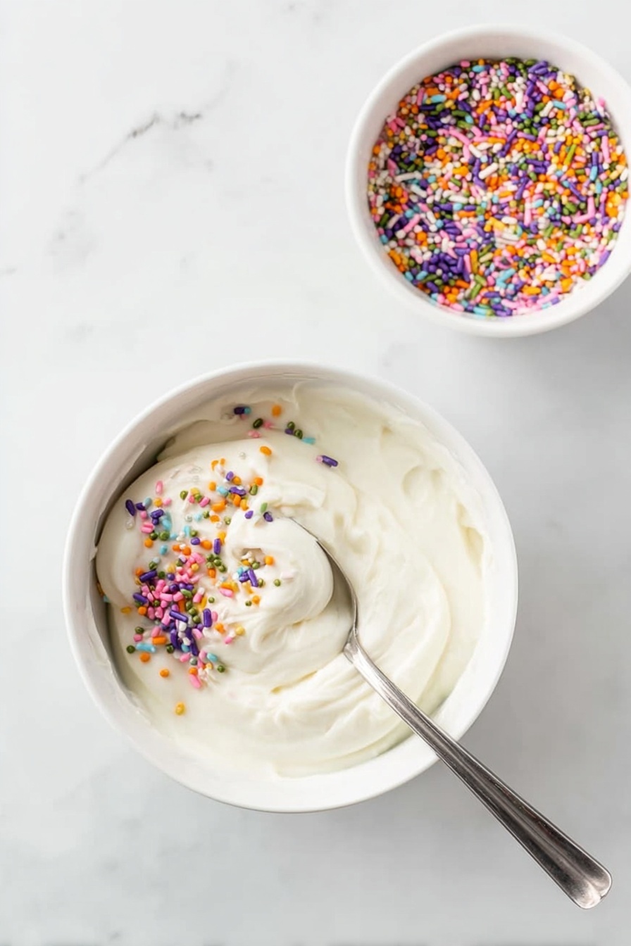 Vegan Protein Dunkaroo Dip, vegan protein dip, plant-based protein snack, healthy vegan dessert, easy vegan dip - A white bowl filled with thick white frosting, with a silver spoon partially dipped inside and covered with colorful rainbow sprinkles in purple, orange, green, pink, and blue, sitting on a white marbled surface. Next to the bowl, there is a smaller white bowl filled with the same rainbow sprinkles. The frosting looks smooth and creamy with some soft ridges where the spoon has moved. Photo taken with an iphone --ar 2:3 --v 7