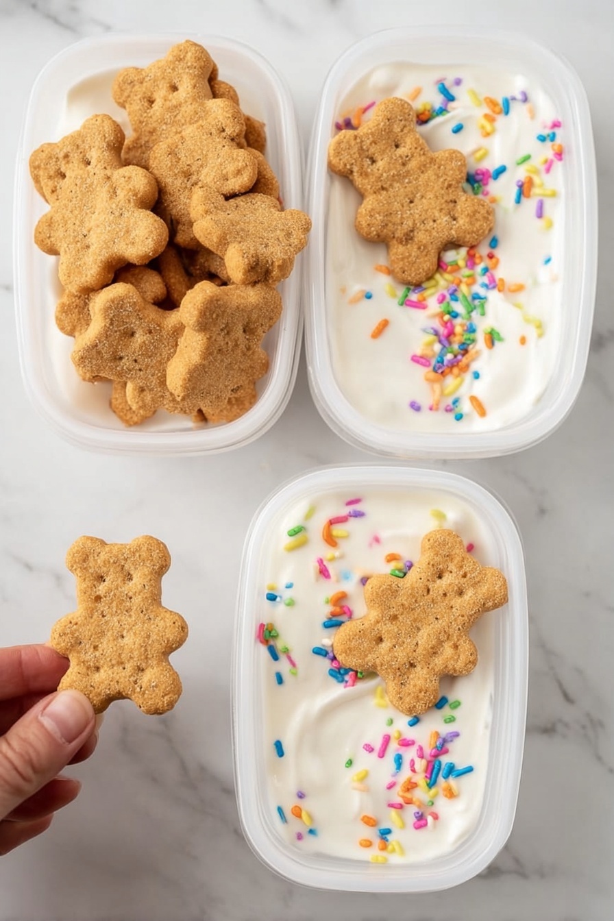 Vegan Protein Dunkaroo Dip, vegan protein dip, plant-based protein snack, healthy vegan dessert, easy vegan dip - The image shows two pairs of white plastic containers placed on a white marbled surface. Each pair contains teddy bear-shaped graham crackers in one compartment and creamy white yogurt with colorful sprinkles in the other. Each yogurt section has a single teddy bear cracker placed on top. The teddy bear crackers are golden brown with a slightly rough texture, while the yogurt is smooth and thick with vibrant rainbow sprinkles scattered on the surface. A woman's hand holds one teddy bear cracker near the bottom left container, ready to dip it into the yogurt. Photo taken with an iphone --ar 2:3 --v 7