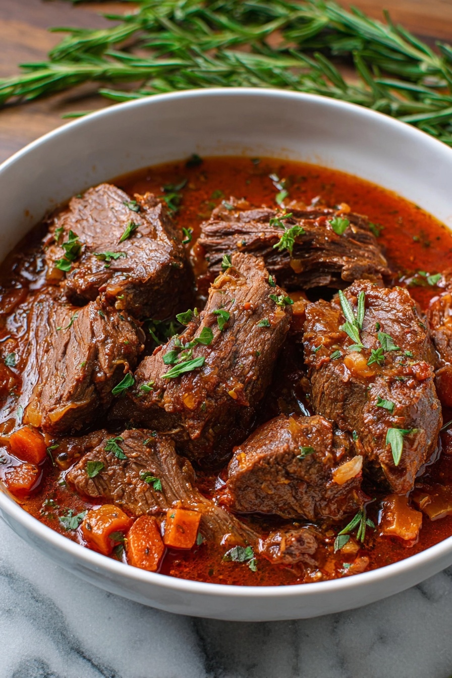 Italian Pot Roast, Italian Pot Roast Recipe, hearty Italian beef stew, Italian beef slow cooker, rustic Italian meat dish - A white bowl filled with a thick red-brown stew containing several large pieces of cooked beef. The beef pieces have a firm texture with some visible fibers, and they are sitting partially submerged in the rich sauce that has visible chunks of orange carrots and small bits of herbs and onions. The dish is garnished with small green herb leaves scattered over the top. The bowl is placed on a white marbled surface with a sprig of green rosemary nearby. Photo taken with an iphone --ar 2:3 --v 7