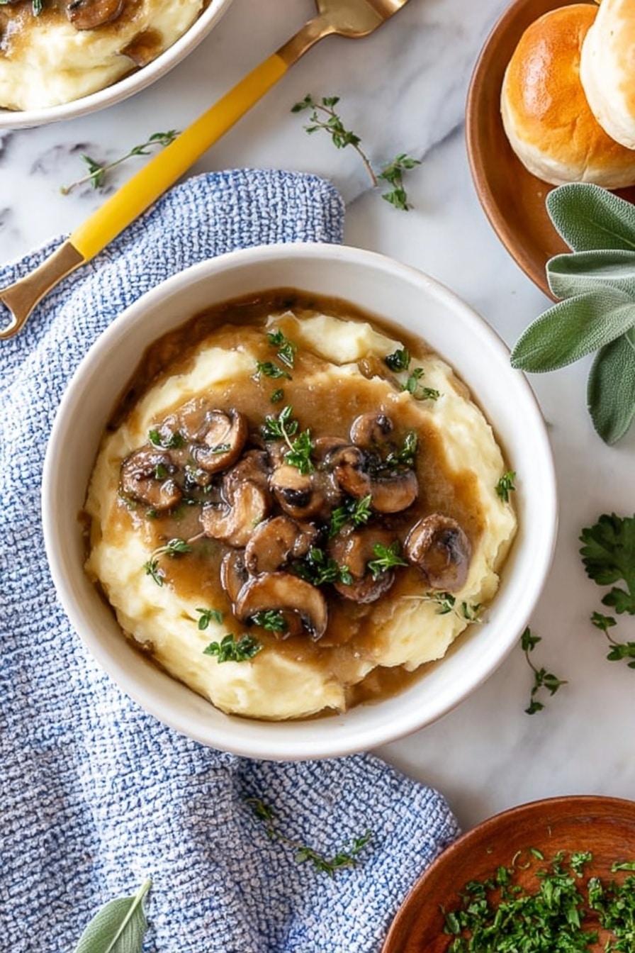 Mushroom Gravy, mushroom gravy recipe, savory mushroom sauce, easy mushroom gravy, vegan mushroom gravy - The image shows a white bowl filled with creamy, smooth mashed potatoes as the base layer. On top, there is a thick brown mushroom gravy with sliced mushrooms in it, spread over the center. Small green herb leaves are scattered on the gravy and mashed potatoes for garnish. The bowl is placed on a white marbled surface with a blue knitted cloth and a white and blue checkered napkin nearby. A fork and a knife with a yellow handle rest on the napkin. In the background, there is another bowl with a similar serving and two golden brown rolls. A wooden plate with chopped green herbs and a fresh sage leaf are also visible. Photo taken with an iphone --ar 2:3 --v 7