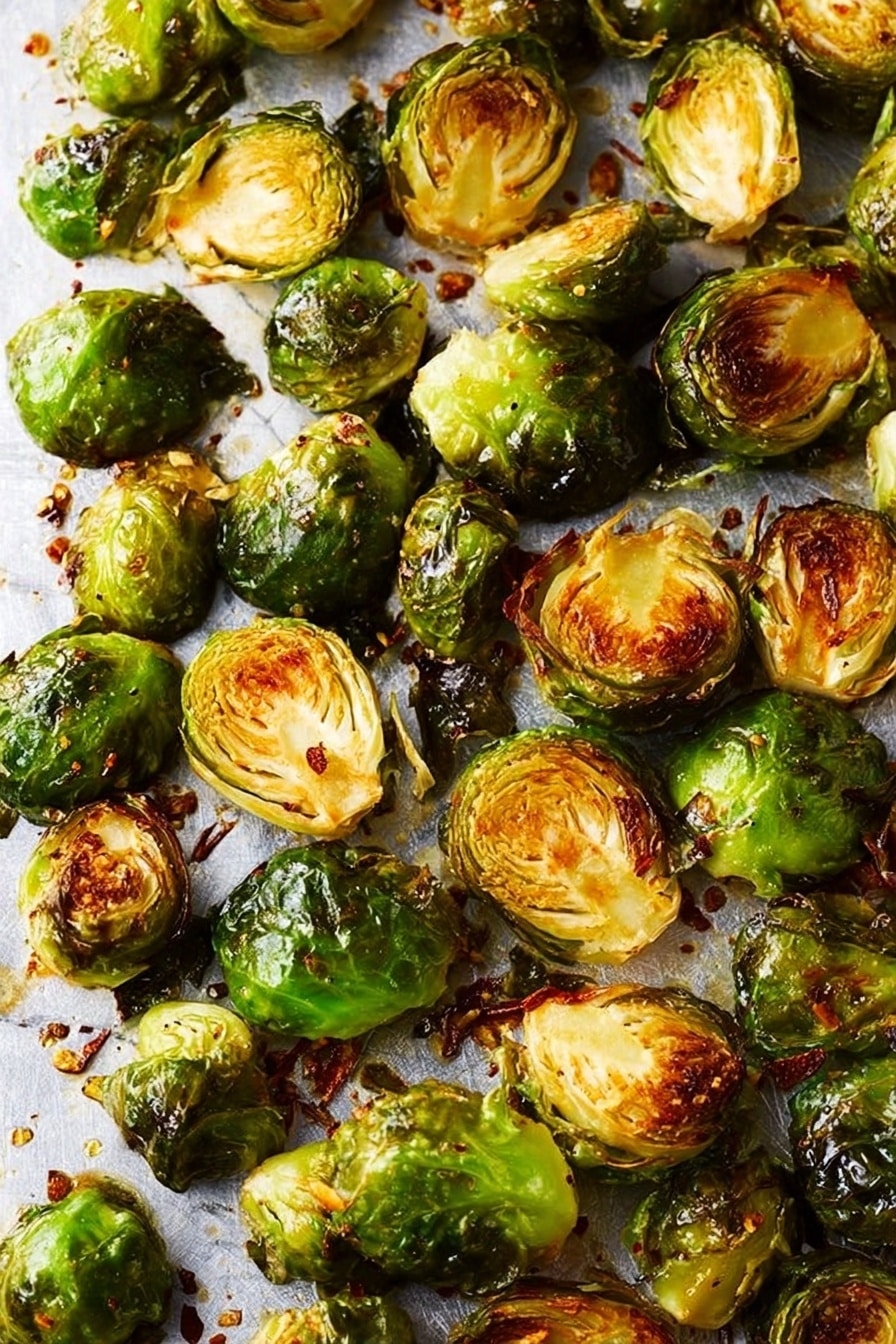 Balsamic Roasted Brussels Sprouts with Pecans and Cranberries, Brussels Sprouts side dish, roasted Brussels sprouts recipe, holiday Brussels sprouts, healthy Brussels sprouts - The image shows many roasted Brussels sprouts spread out on a metal tray. Each Brussels sprout is cut in half, with the inner layers showing a mix of light yellow and golden brown where they are roasted, and the outer leaves a deep green, some with a bit of crisp and char. The texture of the sprouts is slightly wrinkled and caramelized, revealing a tender inside and crispy edges. Small bits of seasoning and oil drops are visible on the tray, adding to the roasted appearance. The background is a white marbled texture. photo taken with an iphone --ar 2:3 --v 7