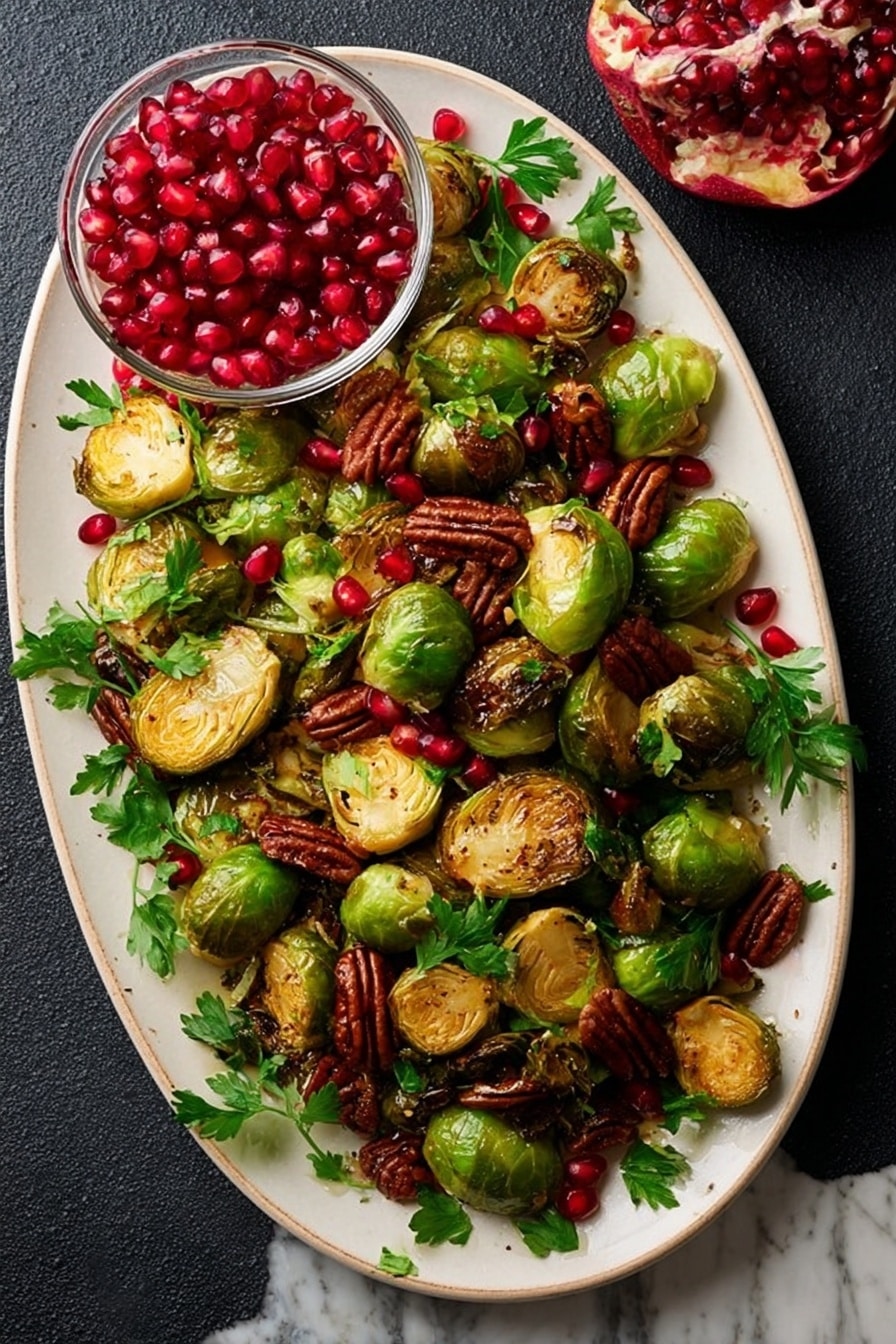 Balsamic Roasted Brussels Sprouts with Pecans and Cranberries, Brussels Sprouts side dish, roasted Brussels sprouts recipe, holiday Brussels sprouts, healthy Brussels sprouts - A large oval white plate holds roasted Brussels sprouts, some whole and some cut in half, showing a golden-brown crispy texture on the flat sides. Mixed among the sprouts are bright red pomegranate seeds and whole brown pecans scattered evenly over the dish. A few sprigs of fresh green parsley add a pop of color on top. At the top edge of the plate sits a clear round bowl filled with more red pomegranate seeds. The plate is on a dark surface with a white marbled texture visible around the edges. photo taken with an iphone --ar 2:3 --v 7