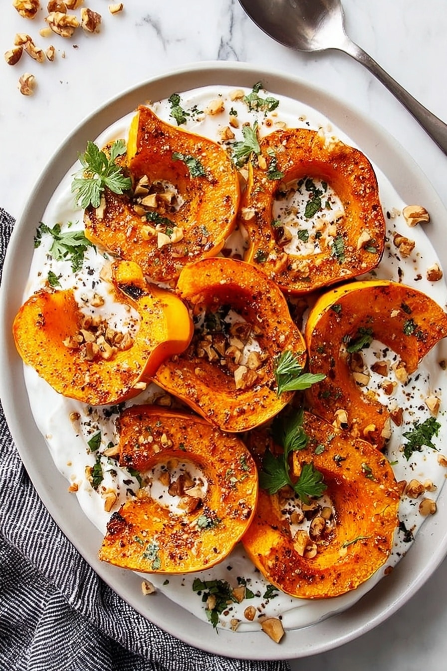 Roasted Honeynut Squash with Whipped Ricotta and Toasted Walnuts, honeynut squash dish, roasted squash with ricotta, easy fall squash recipes, nutty roasted squash - The image shows eight pieces of roasted orange squash with a slightly crispy texture, arranged on top of a white creamy sauce spread unevenly over a white plate. The squash pieces are scattered with chopped nuts and green fresh herb leaves. The plate rests on a white marbled surface, with a striped cloth and a silver spoon partly visible behind it. The overall colors are warm orange, creamy white, and green, creating a fresh and rustic look. Photo taken with an iphone --ar 2:3 --v 7