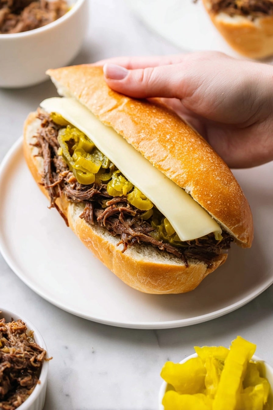 Italian Beef Sandwiches with Pepperoncini and Melted Cheese, Italian Beef Sandwich, Pepperoncini Beef Sandwich, Slow Cooker Italian Sandwich, Beef Sandwiches with Pepperoncini - A close-up view of a sandwich held by a woman's hand, showing three main layers inside a soft, lightly toasted golden brown sub roll. The bottom layer is tender, shredded brown meat filling the bread. On top of the meat, there is a layer of sliced green pickled peppers scattered unevenly. The top layer consists of a single slice of white cheese that extends along the length of the sandwich. The sandwich rests on a plain white plate set on a white marbled surface, with a small bowl of bright yellow pickled peppers and a partial view of a white bowl filled with a chunky brown mixture nearby. Photo taken with an iphone --ar 2:3 --v 7