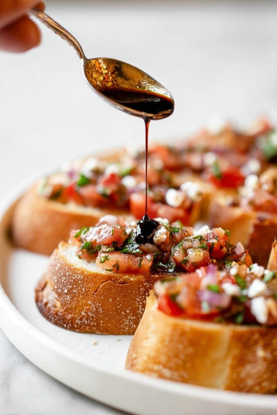 Tomato Bruschetta with Balsamic Glaze, fresh tomato bruschetta, easy appetizer recipes, healthy summer snack, flavorful Italian starters - The image shows several slices of crusty bread with rough, golden brown edges placed on a white plate. Each slice is topped with chopped tomatoes, green herbs, and small bits of white cheese, creating a textured and colorful layer on top of the bread. A woman's hand holds a spoon above the slices, pouring a thick, dark liquid drizzle over the toppings. The background and surface have a white marbled texture, adding a clean and bright contrast to the vivid colors of the bruschetta. Photo taken with an iphone --ar 2:3 --v 7